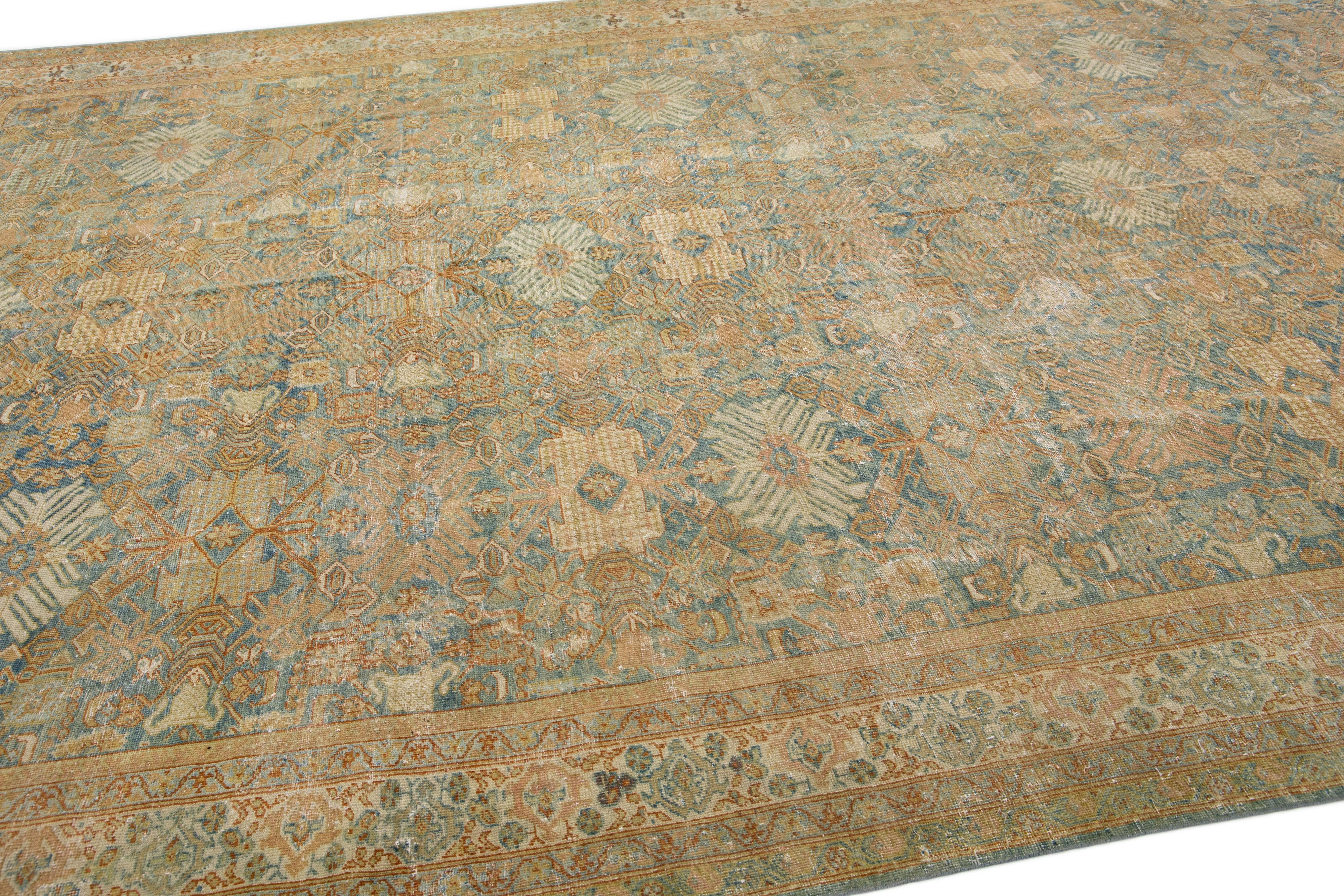 Antique Persian Mahal Orange & Blue Handmade Wool Rug with Floral Design In Good Condition For Sale In Norwalk, CT