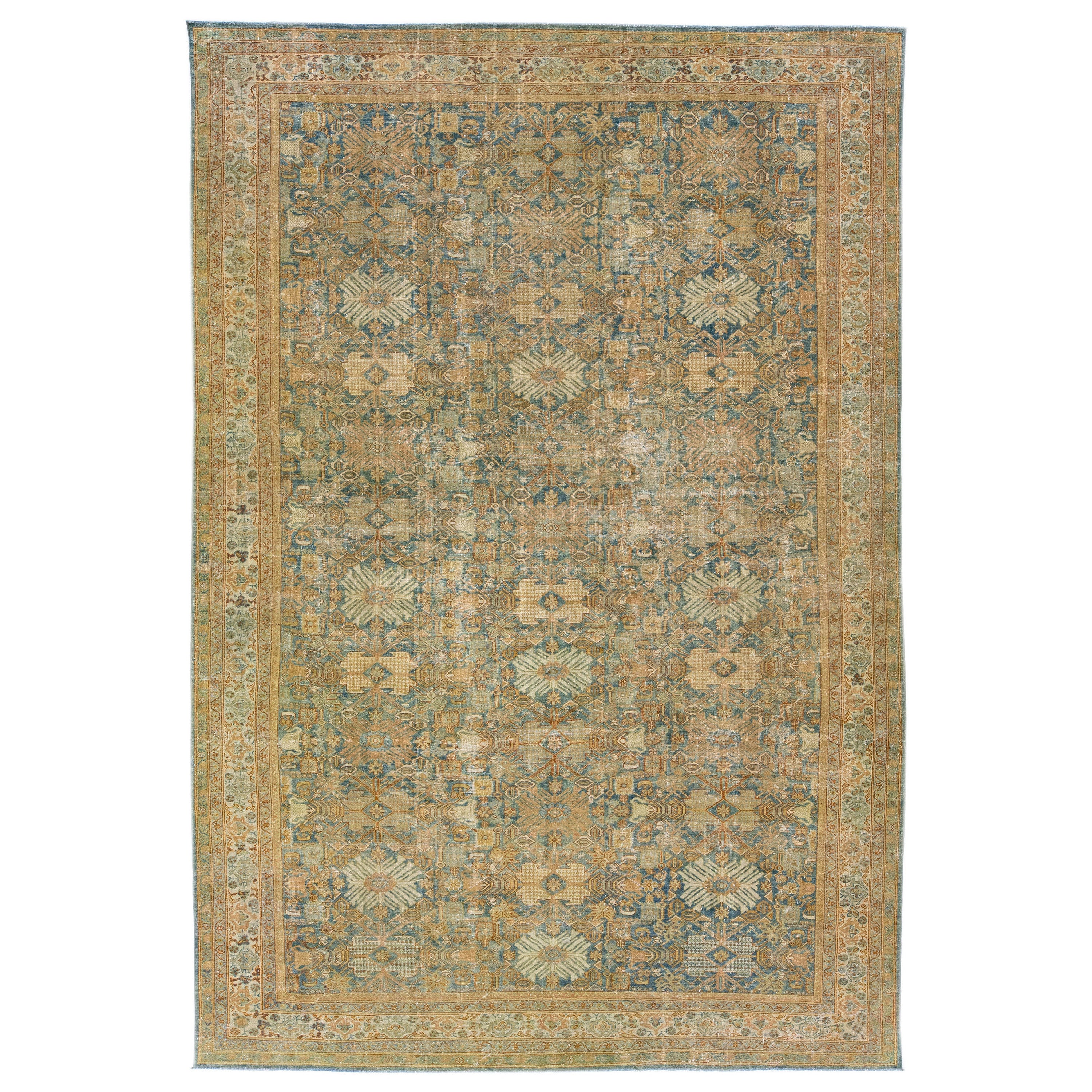 Antico tappeto persiano Mahal arancione e blu in lana lavorato a mano con disegni floreali