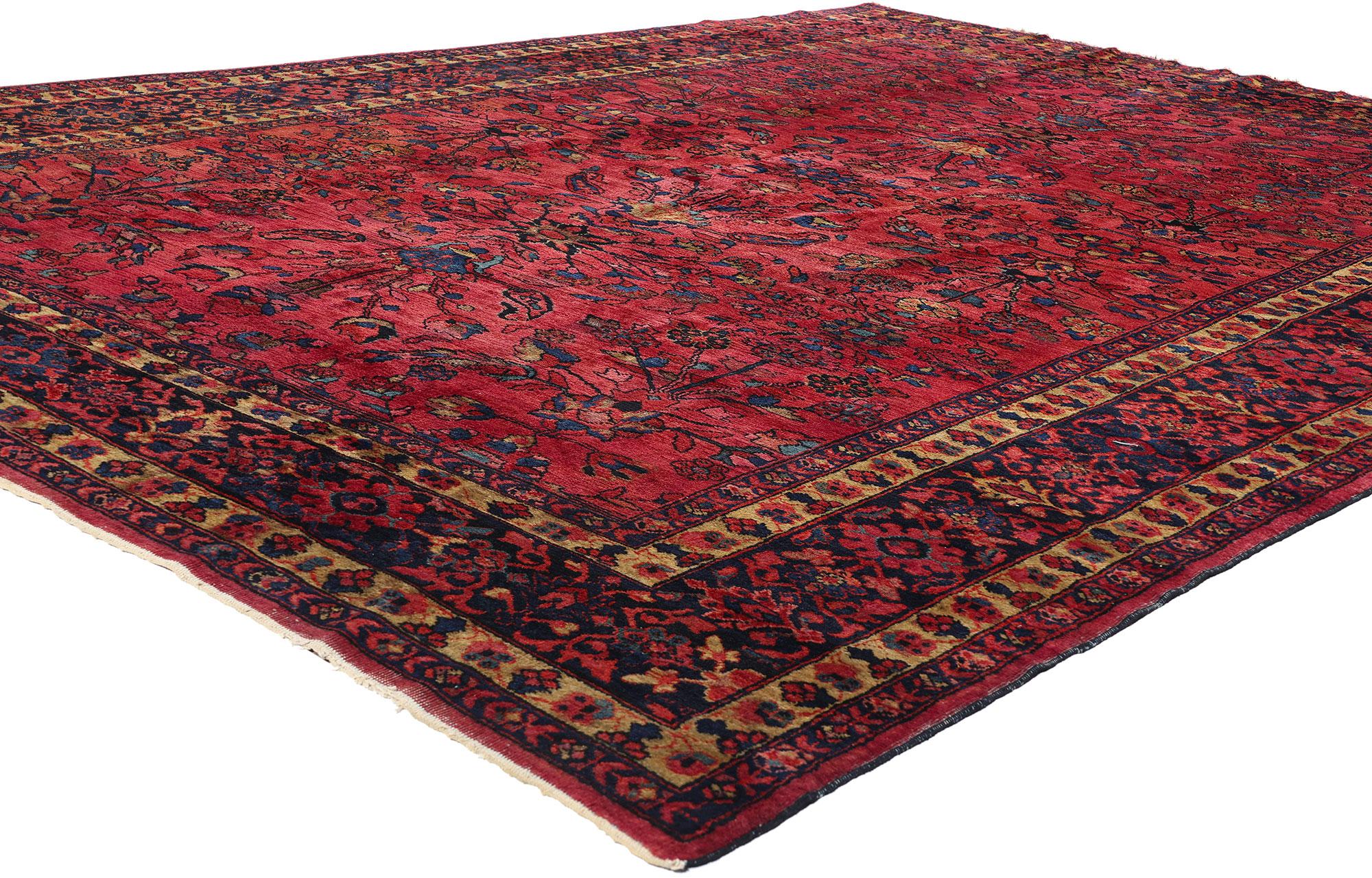 78982 Antique Red Persian Mahal Rug, 08'10 x 12'00. This exquisite hand-knotted wool antique Persian Mahal rug presents a stunning example of the blending of Sarouk and Mahal weaving traditions, renowned for their intricate floral patterns and fine