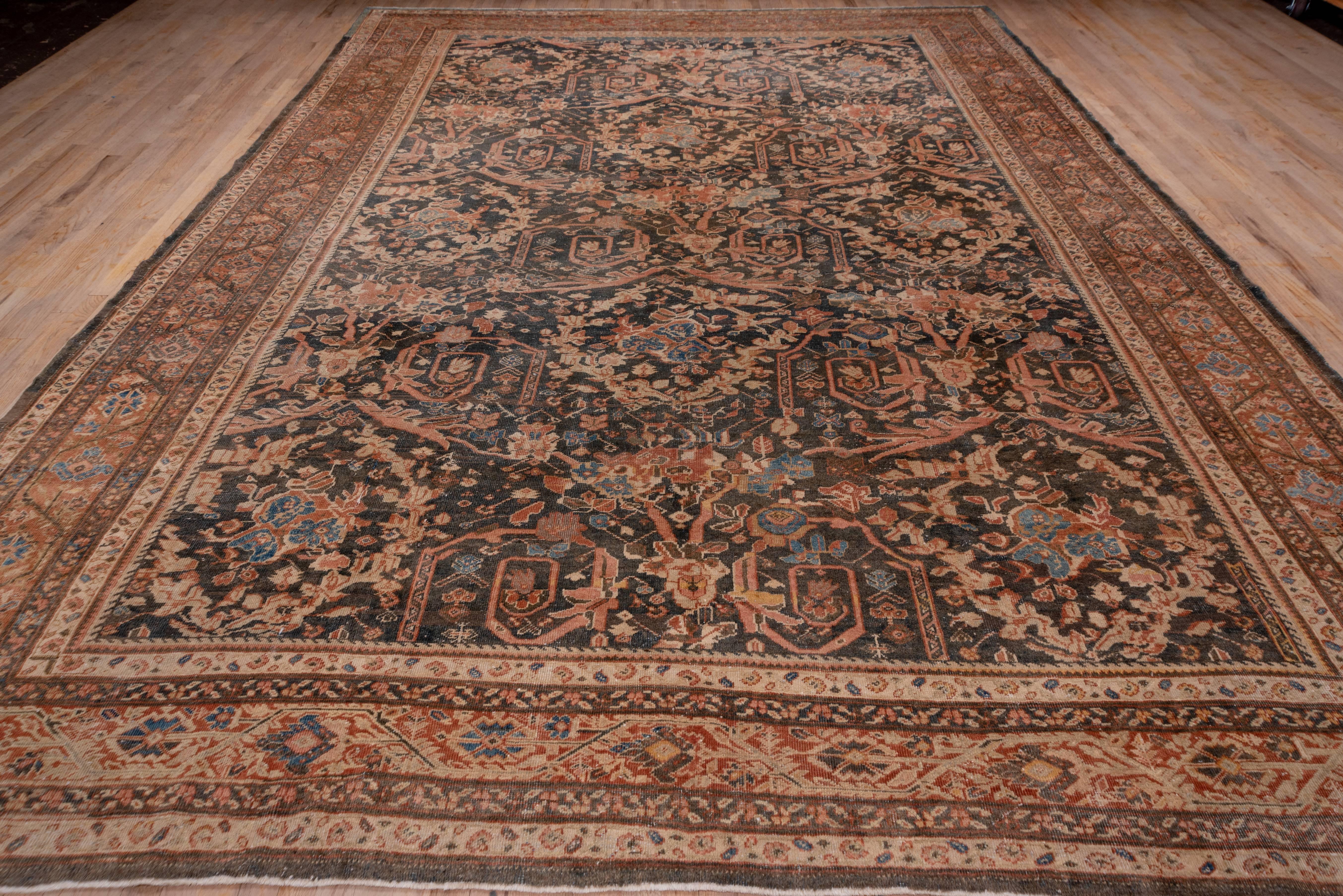 The olive brown field of this antique west Persian carpet has a Mustafi design of wound up leaves, broken acanthus wreaths and European palmettes. The light brown abrashed border displays a characteristic Arak province design of an angular vine