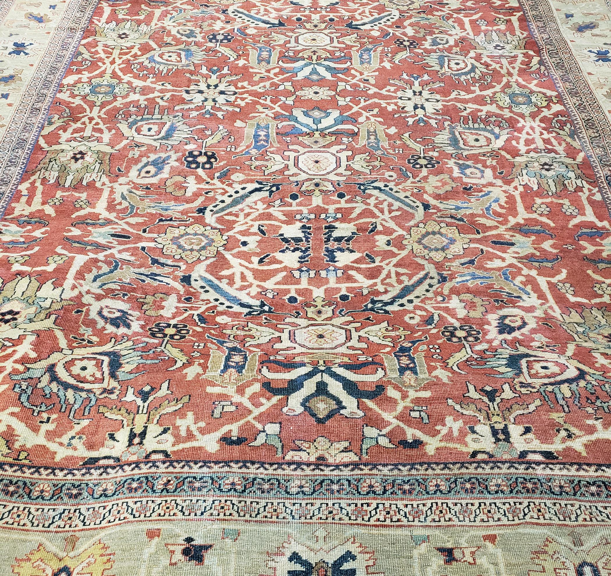 Dies ist ein beeindruckender antiker persischer Mahal-Teppich mit einem satten roten Hintergrund und einem Allover-Muster inmitten einer dekorativen Bordüre.
Individuelle Nachbildungen sind in jeder Größe und Farbe erhältlich. Teppich misst 12'10