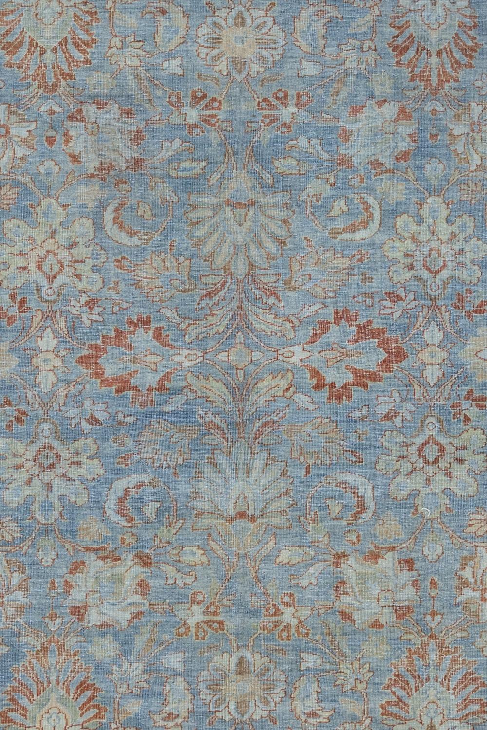 Age: Circa 1920

Colors: blue, pale red

Pile: medium

Wear Notes: 1

Material: wool on cotton

Early 20th century Mahal with a pastel blue field under a floral motif. Luxurious soft pile in excellent condition.

Wear Guide:
Vintage and