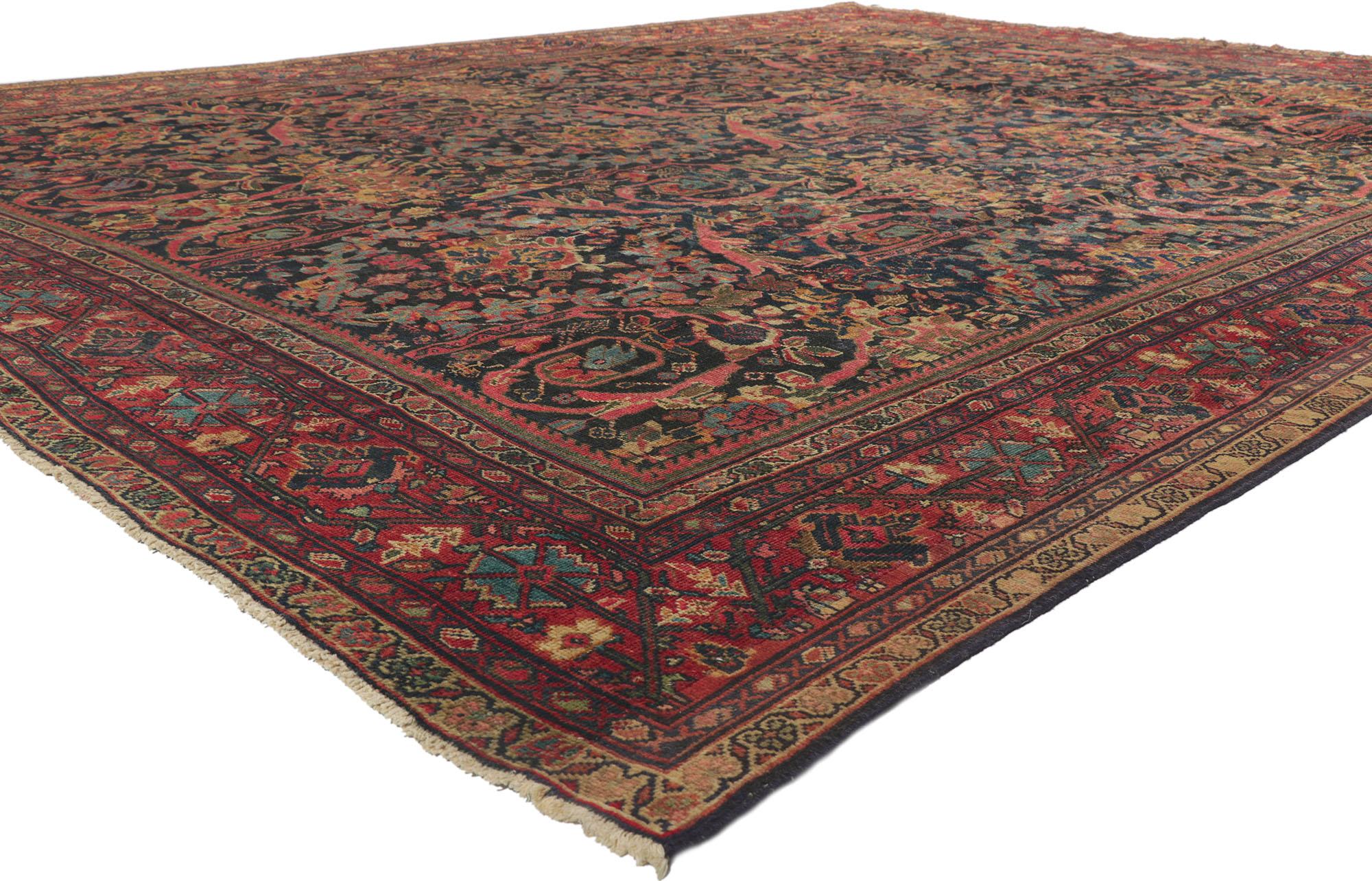 78156 Distressed Antique Persian Mahal rug, 10'06 x 13'04. Timeless elegance and effortless beauty, this hand-knotted wool antique Persian Mahal rug is poised to impress. The lovingly time-worn navy blue composition is covered with a traditional