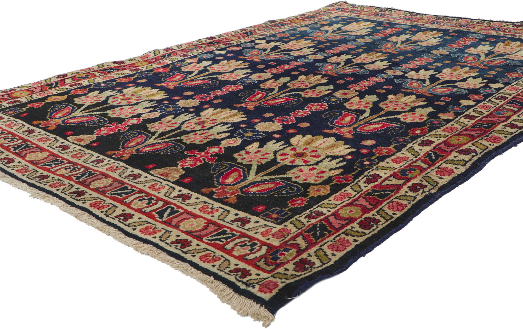 60948 Antique Persian Mahal Rug, 04'06 x 06'09.
Exuding timeless elegance and cultivated beauty, behold this exquisite hand-knotted wool antique Persian Mahal rug. Prepare to be enchanted by its traditional allover floral pattern, gracefully