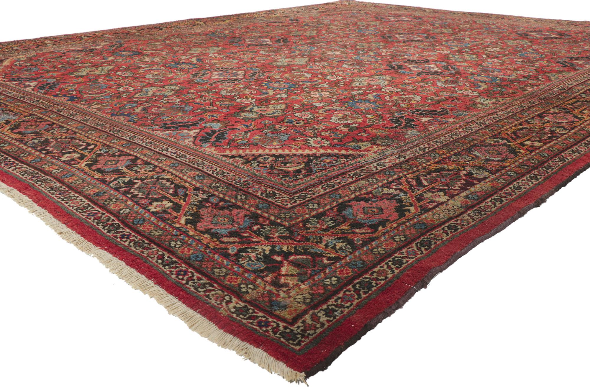 78428 Antique Persian Mahal rug, 11'02 x 14'10.
Emanating timeless style with incredible detail and texture, this hand knotted wool antique Persian Mahal rug is a captivating vision of woven beauty. The eye-catching Herati design and traditional