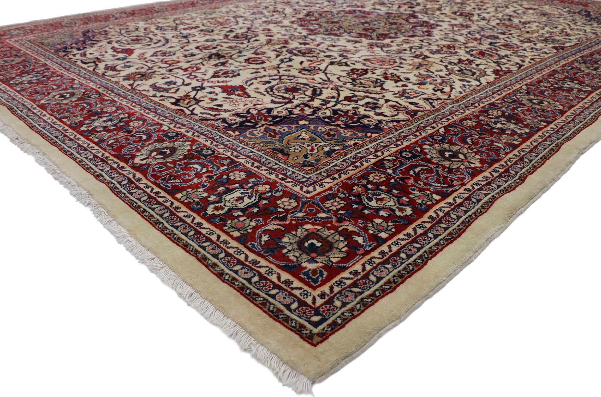 77675 Antique Persian Mahal rug, 09'00 x 12'01. Emanating traditional style with incredible detail and texture, this hand knotted wool antique Persian Mahal rug is a captivating vision of woven beauty. The timeless design and sophisticated color