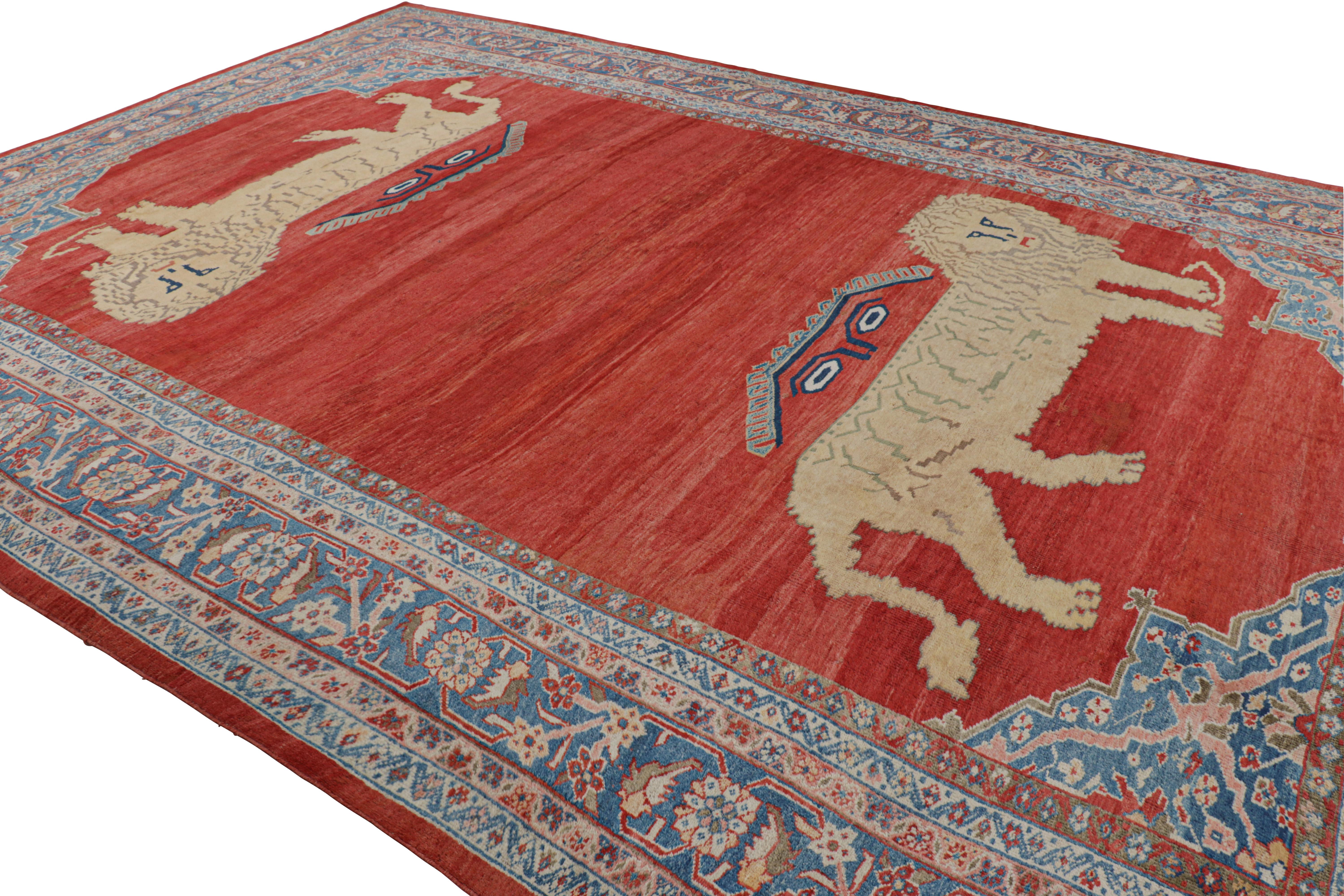 Alfombra persa antigua sobredimensionada en campo abierto rojo y leones pictóricos - Rug & Kilim Anudado a mano en venta