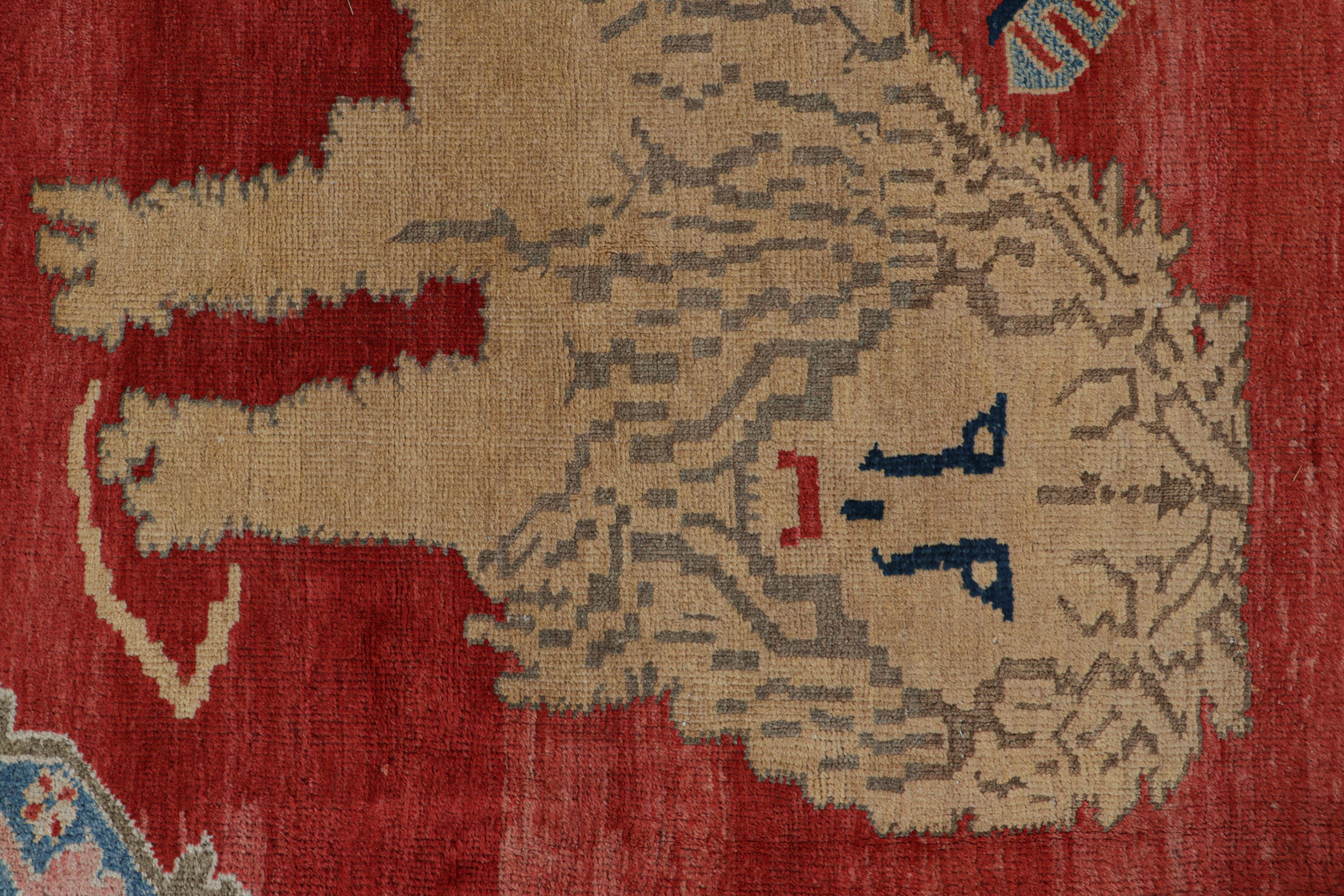 Alfombra persa antigua sobredimensionada en campo abierto rojo y leones pictóricos - Rug & Kilim principios del siglo XX en venta