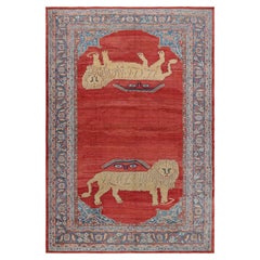 Antique Persian Mahal Rug in Red Open Field & Lion Pictorials, from Rug & Kilim