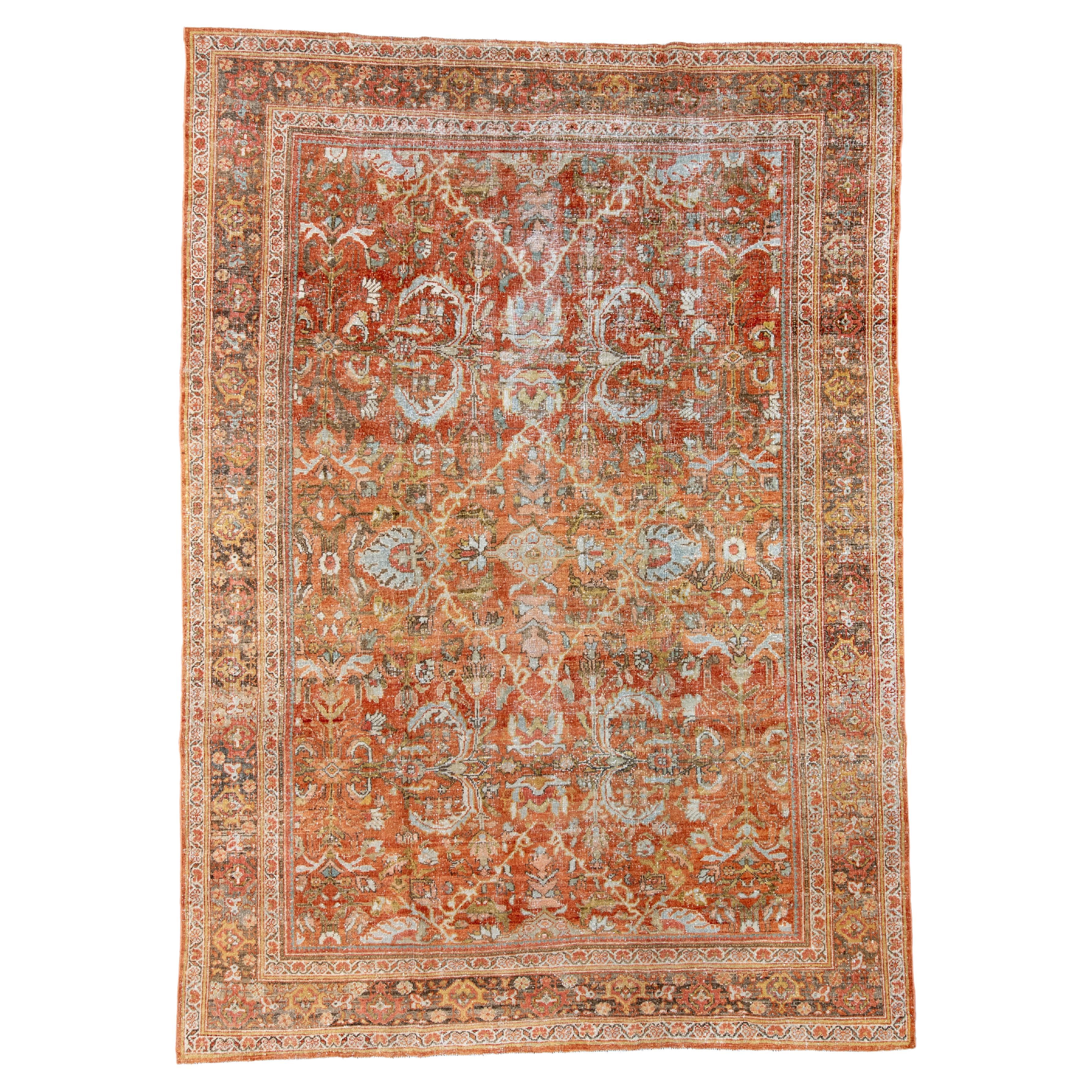 Antique Persian Mahal Rug in Warm Rust and Soft Blue in vendita