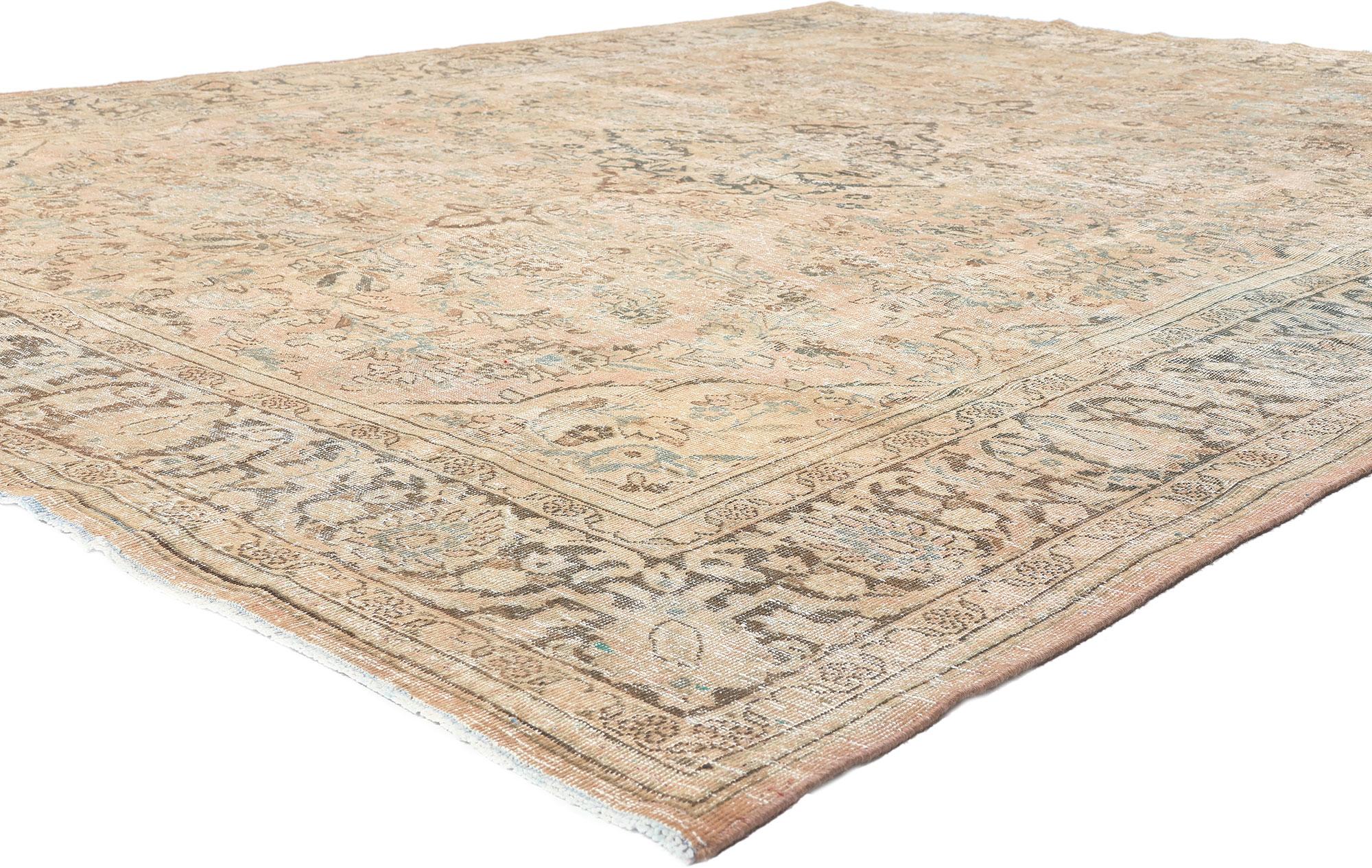 61268 Distressed Antique Persian Mahal Rug, 08'10 x 11'07.
Laid-back luxury meets quiet sophistication in this hand knotted wool distressed antique-worn Persian Mahal rug.​

Rendered in variegated shades of tan, brown, sage, ecru, taupe,