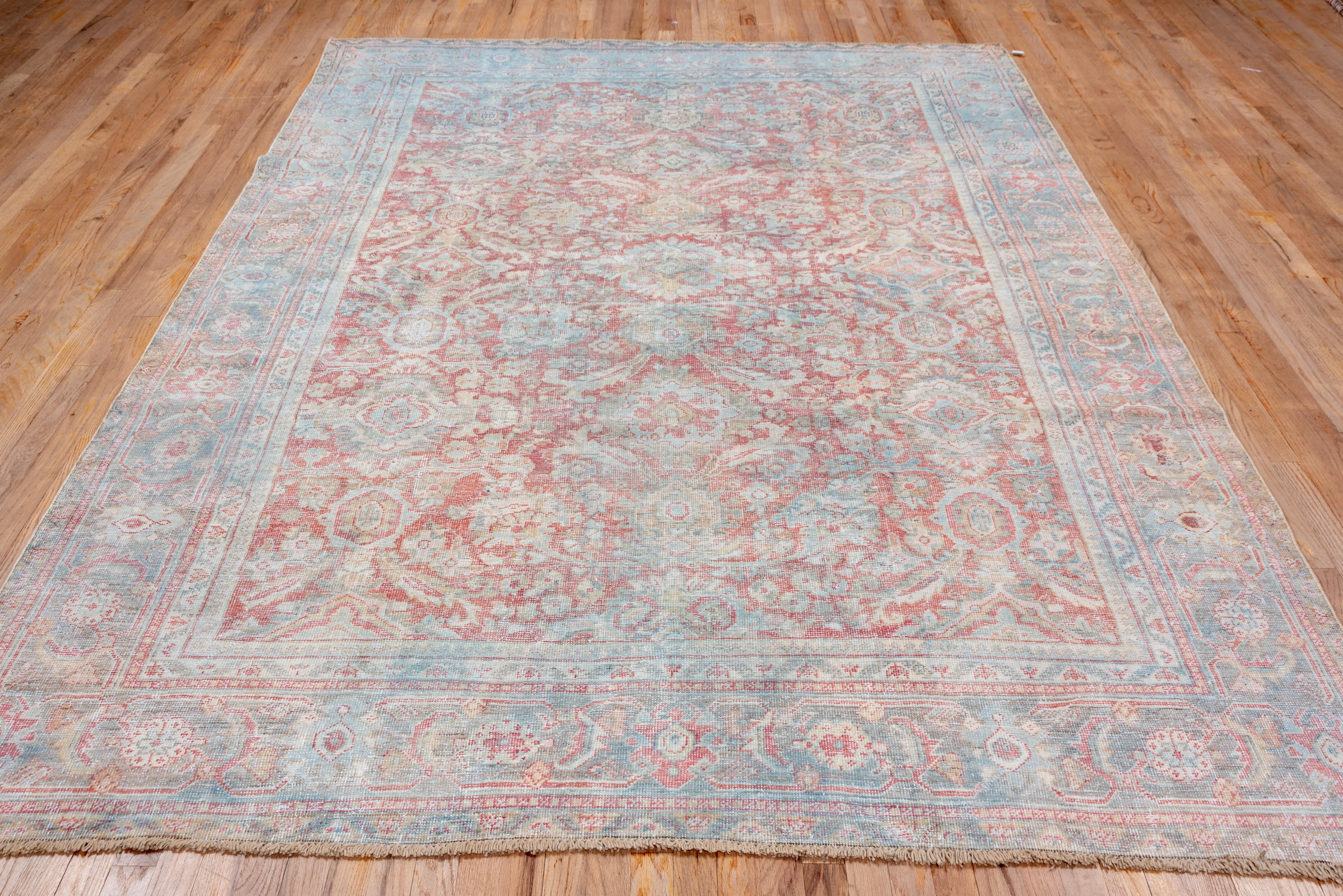 Hand-Knotted Antique Persian Mahal Rug, Lgiht Red Field, Light Blue & Green Borders For Sale