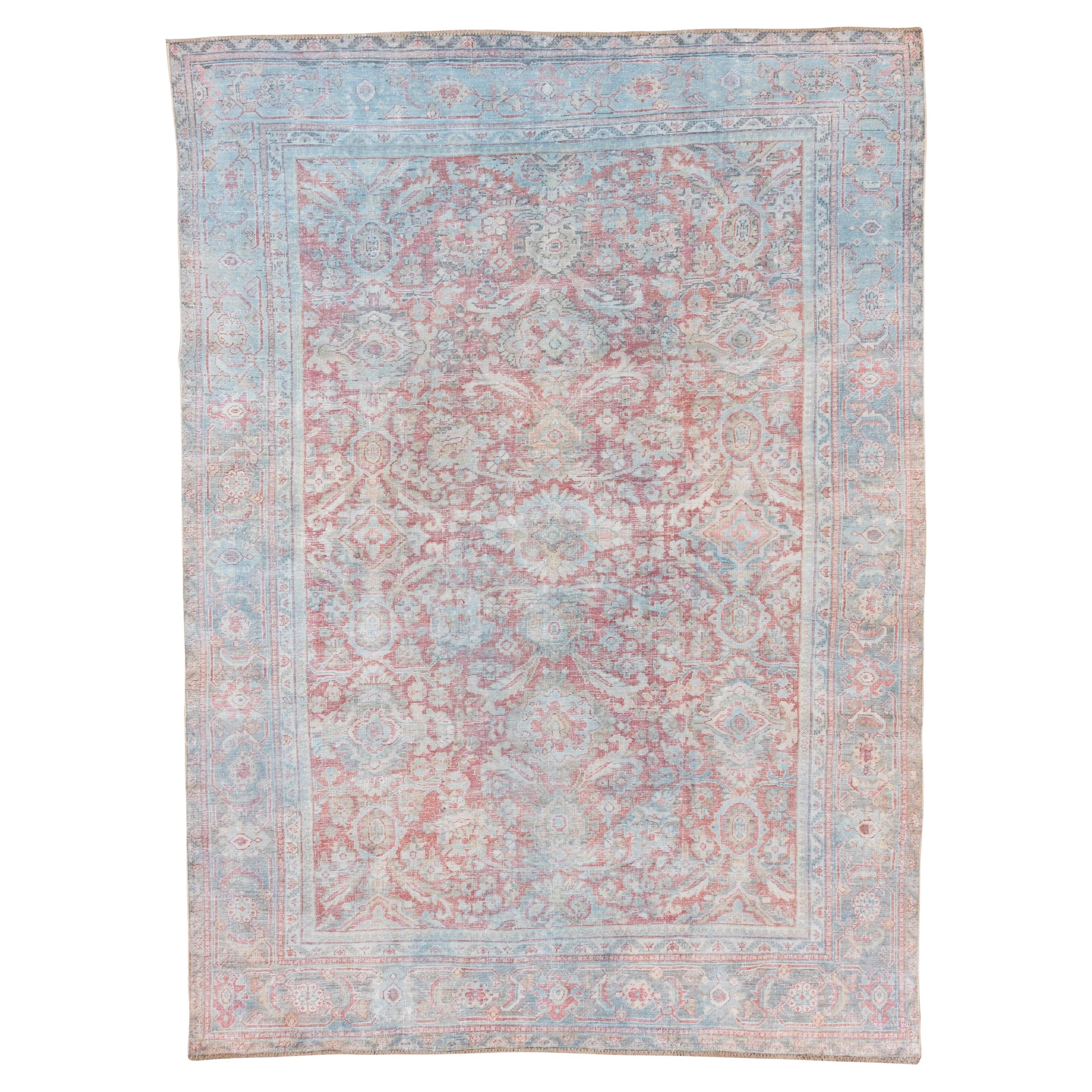 Antique Persian Mahal Rug, Lgiht Red Field, Light Blue & Green Borders