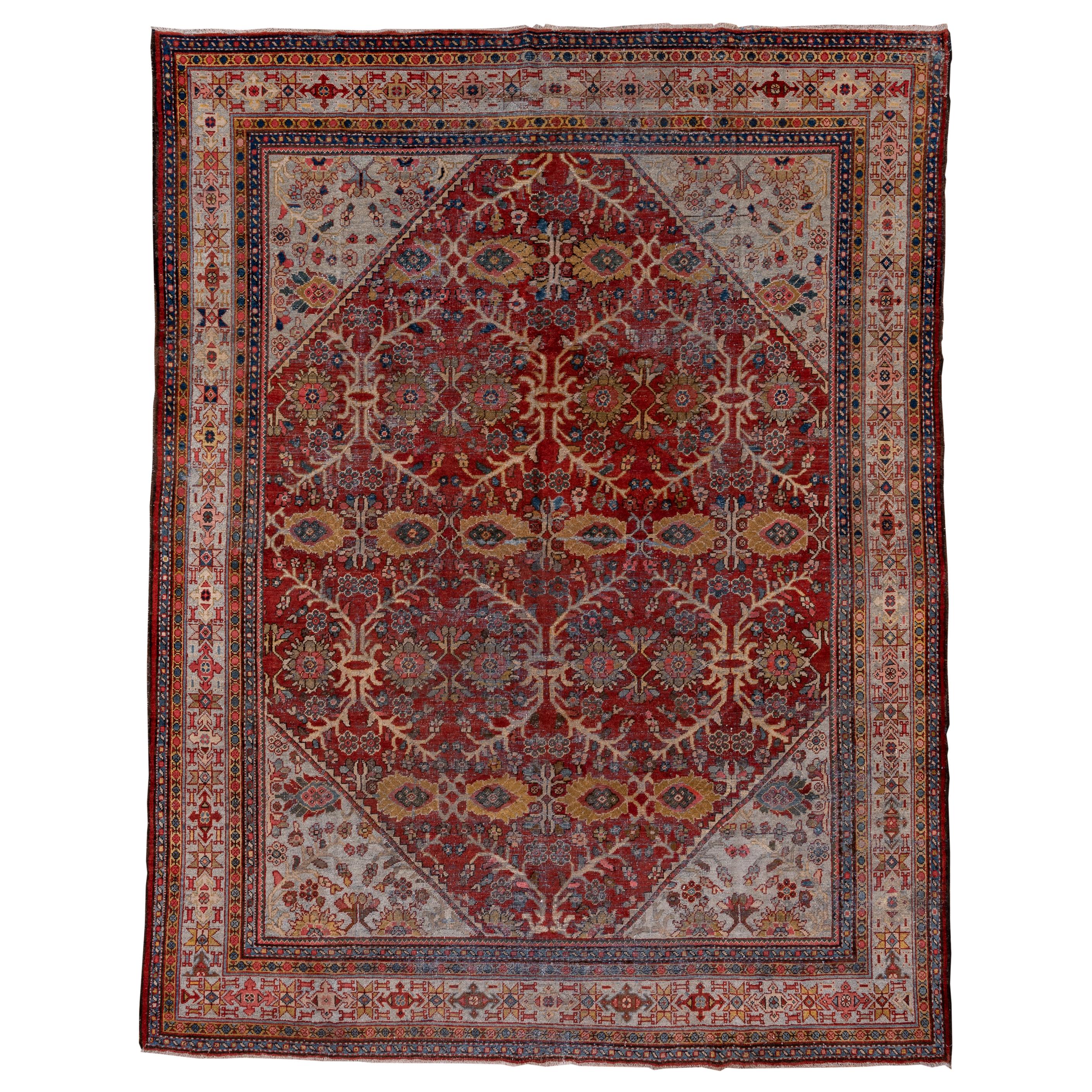 Antiker persischer Mahal-Teppich, hellgrauer Rand, rotes und graues Feld, ca. 1930er Jahre