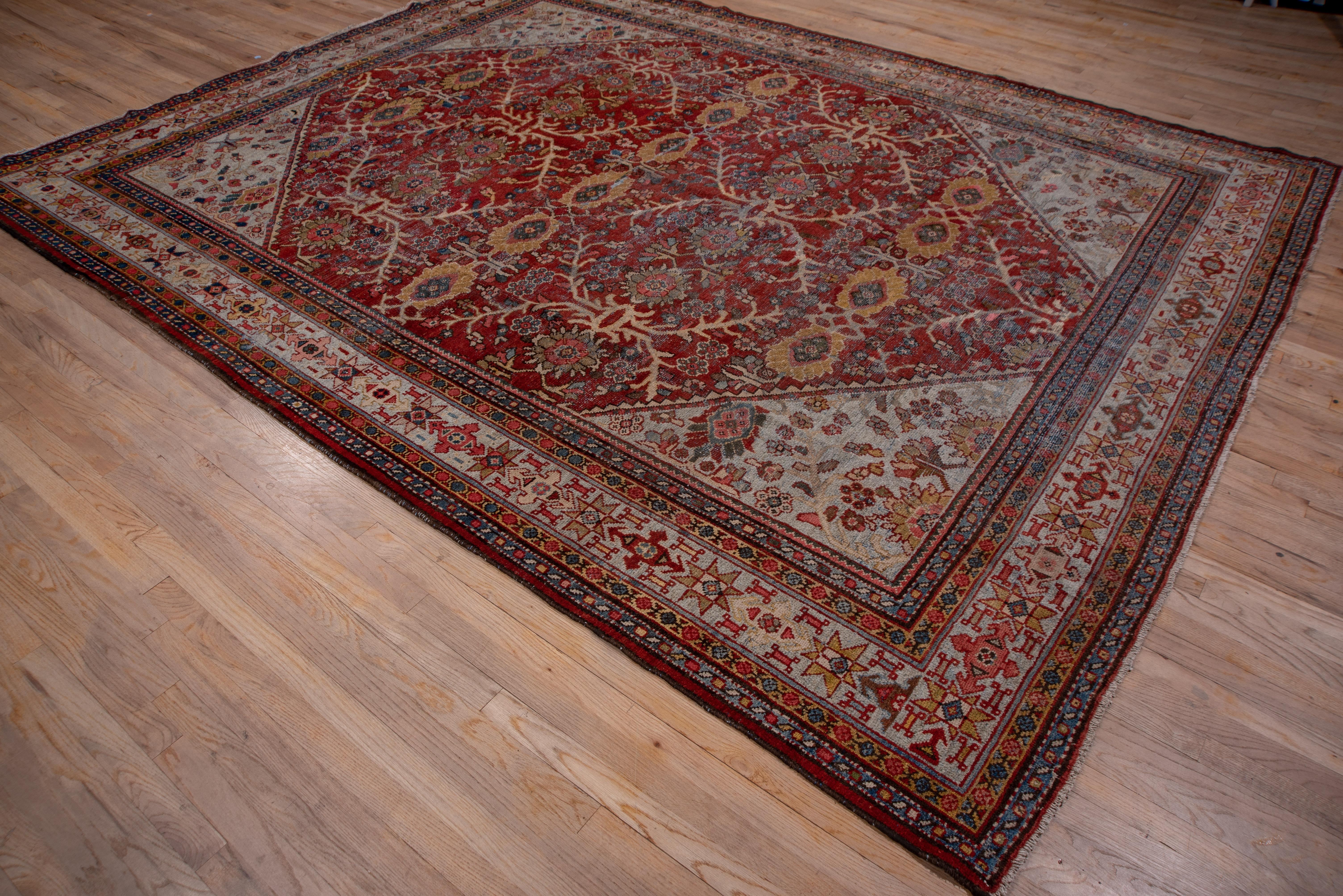 Tribal Antique Persian Mahal Rug, Light Gray Borders, Red and Gray Field, circa 1930s For Sale
