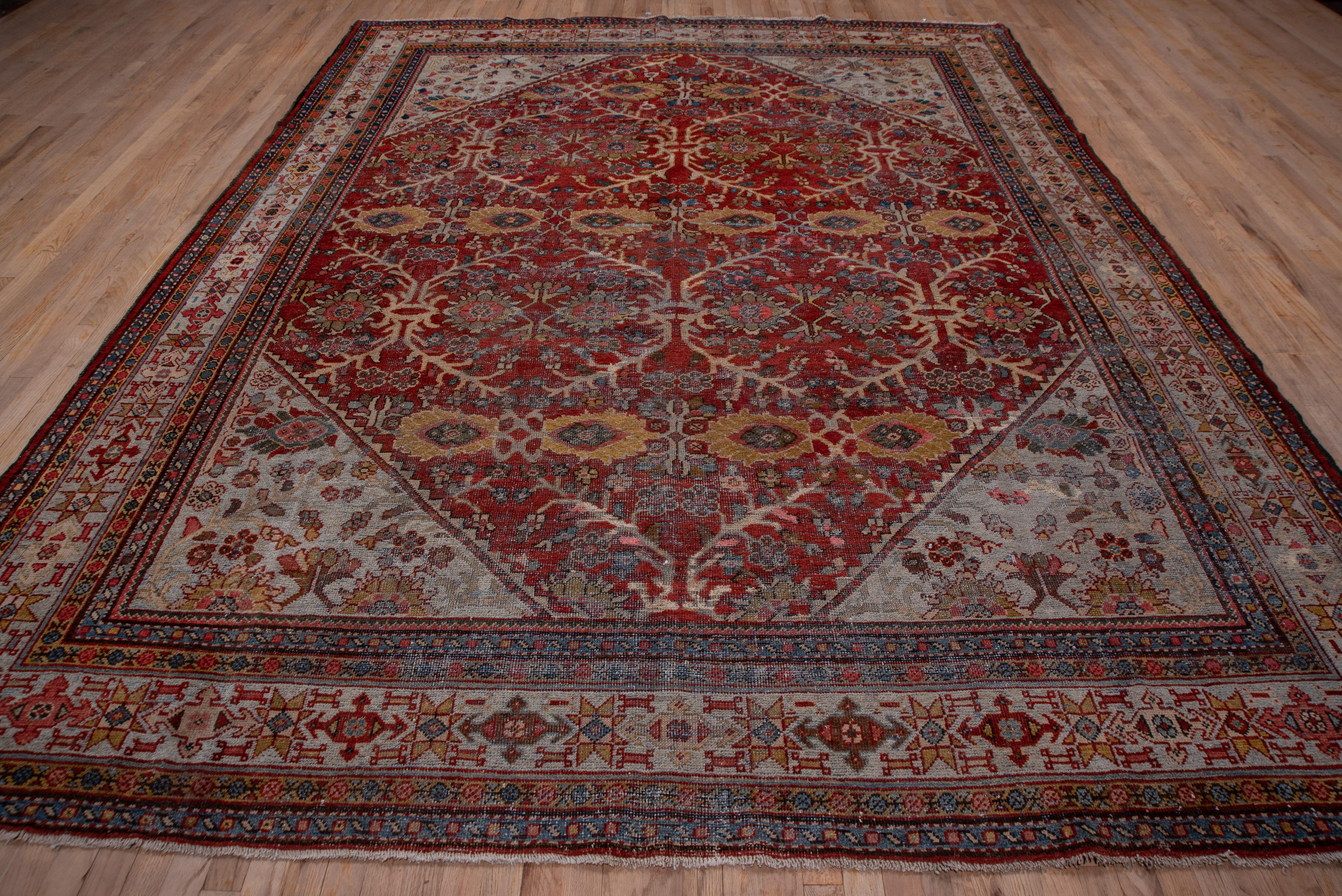 Mid-20th Century Antique Persian Mahal Rug, Light Gray Borders, Red and Gray Field, circa 1930s For Sale
