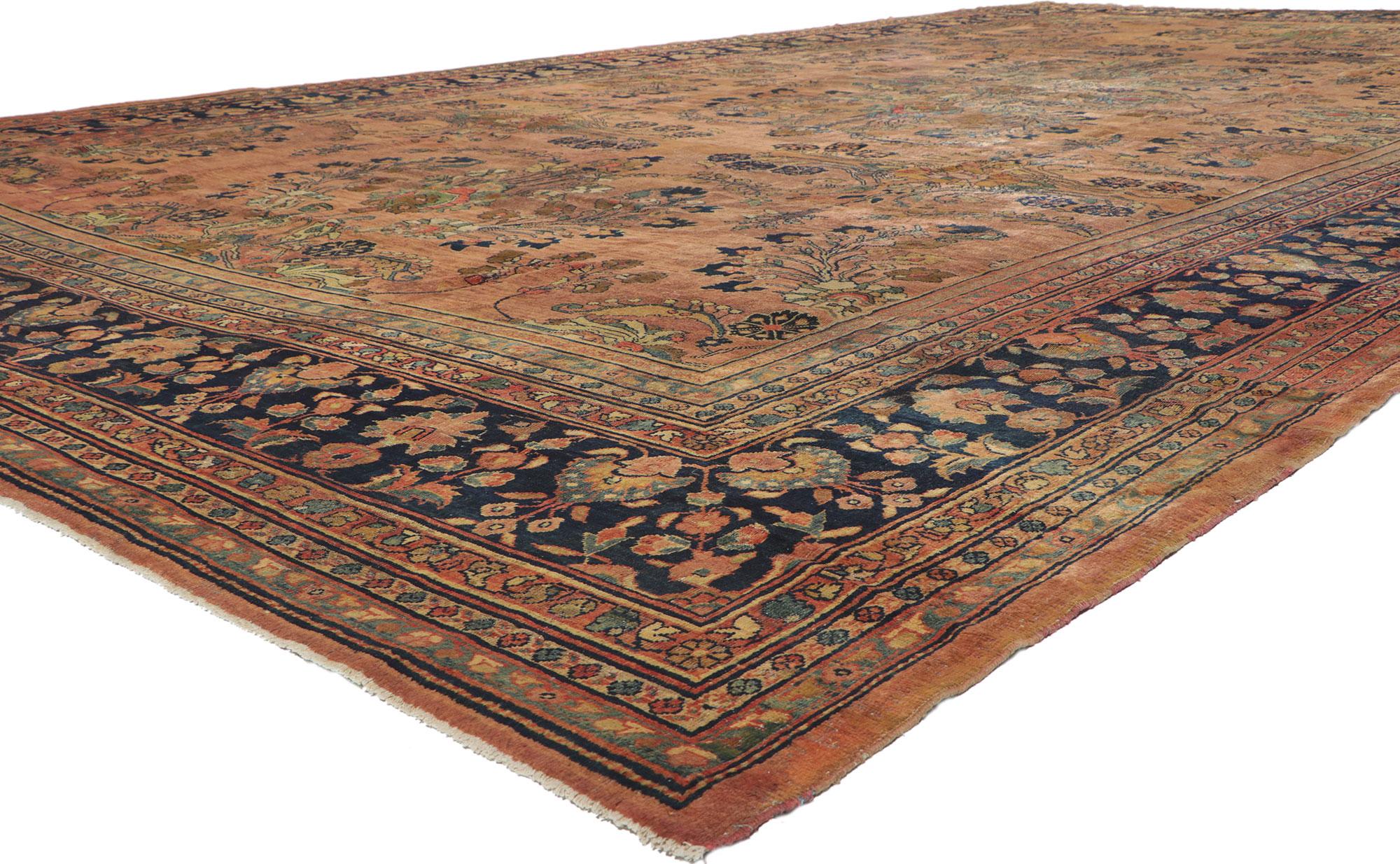 72045 antique Persian Mahal Palace size rug with Art Nouveau style. Brilliant, alluring color pervades this antique Mahal palace size rug, a stunning testament to traditional Persian weaving. This hand-knotted wool antique Persian Mahal palace size