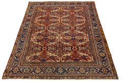 Antique Persian Mahal Rug – Red & Indigo Wool Carpet with Allover Floral Motif
