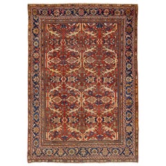Antique Persian Mahal Rug – Red & Indigo Wool Carpet with Allover Floral Motif