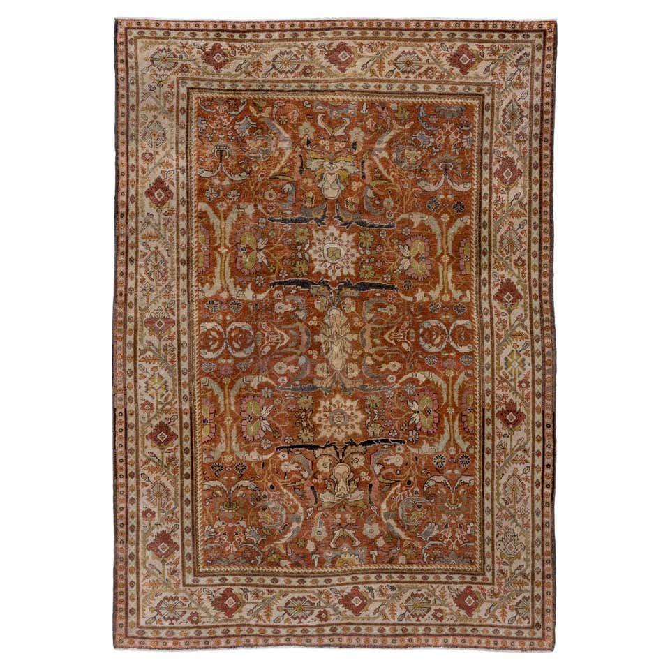 Oversized Persian Oushak Rug with Rust-Colored Field and White Floral ...