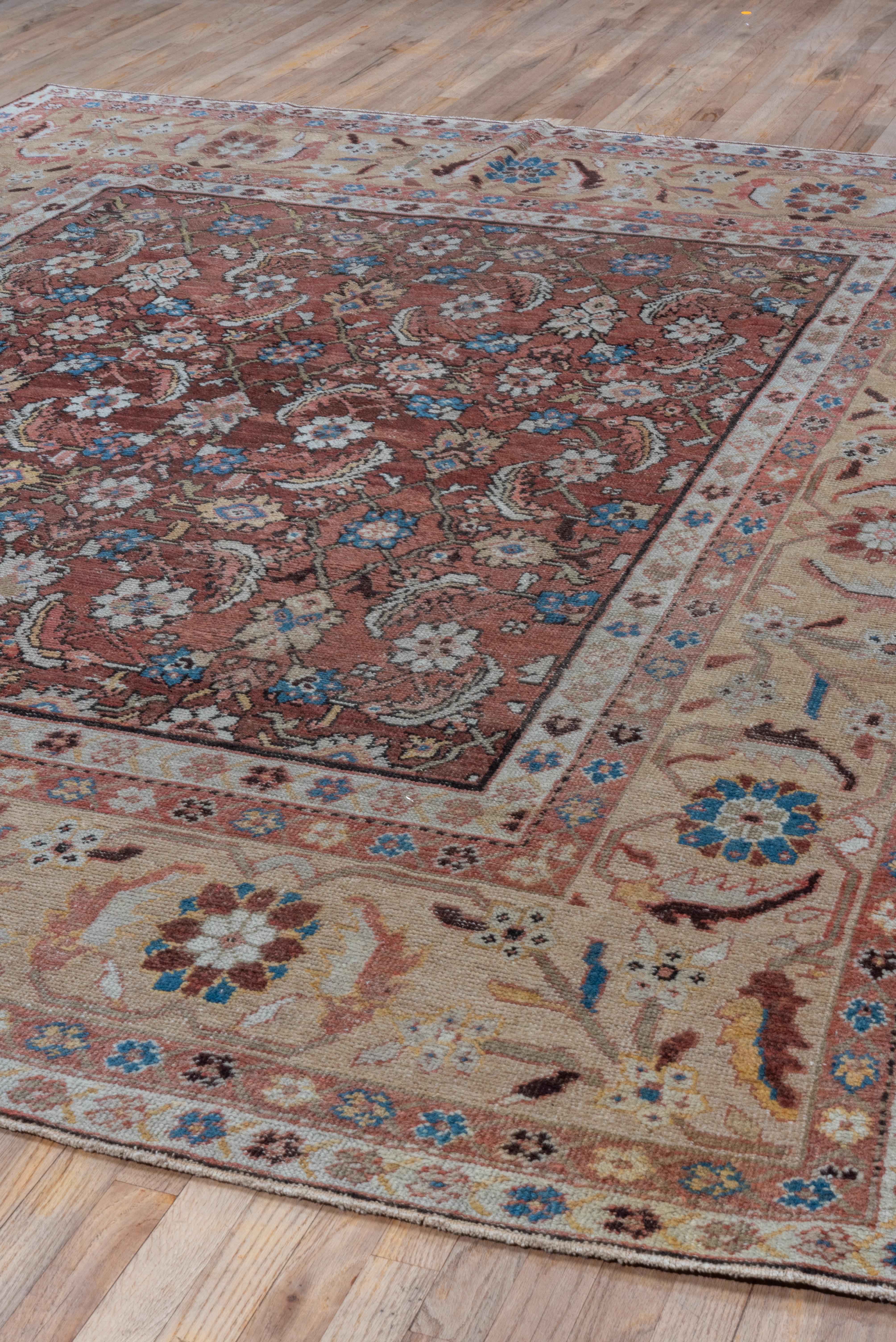 Hand-Knotted Antique Persian Mahal Rug, Rust Field, Yellow Borders, circa 1920s For Sale