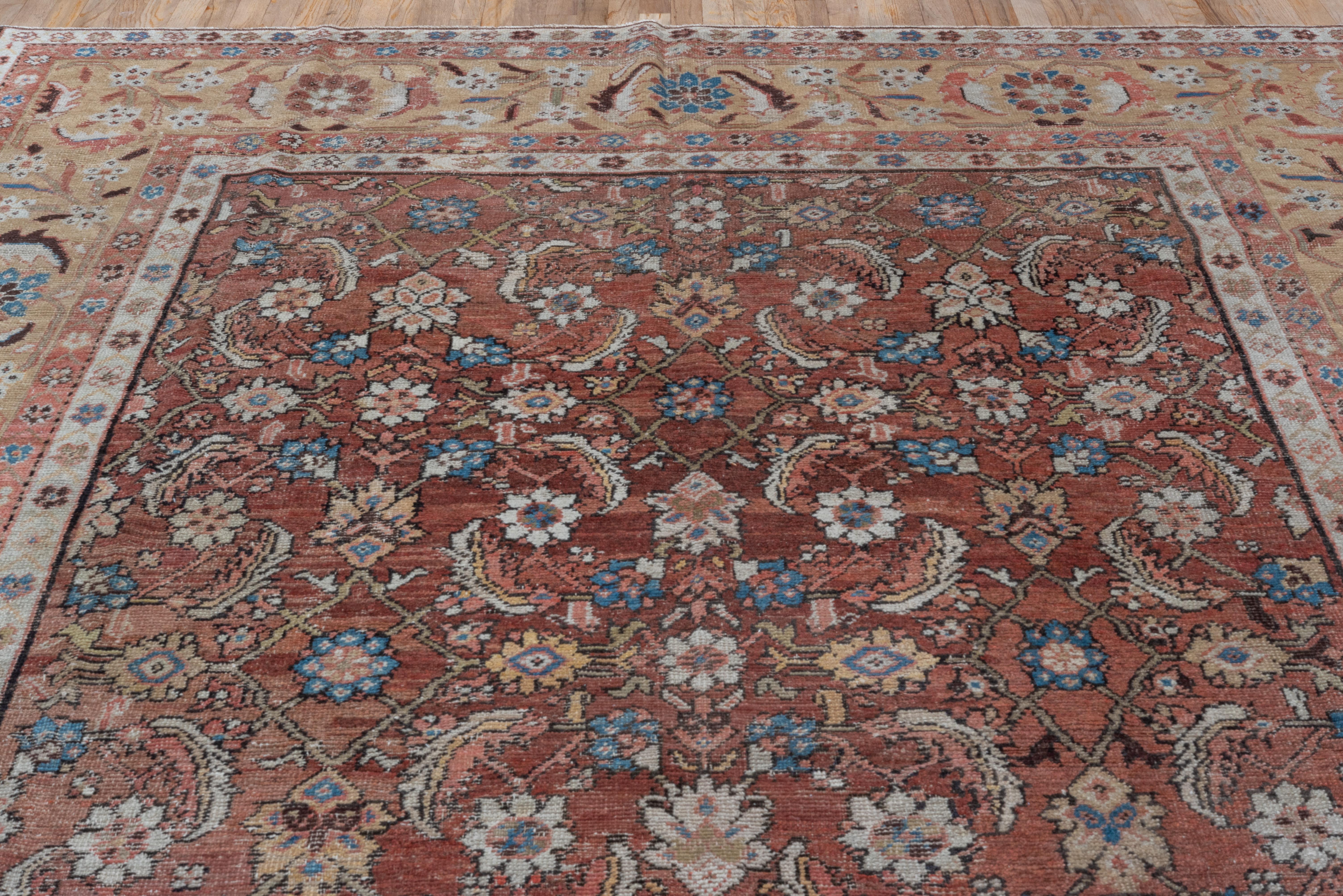 Antique Persian Mahal Rug, Rust Field, Yellow Borders, circa 1920s In Good Condition For Sale In New York, NY
