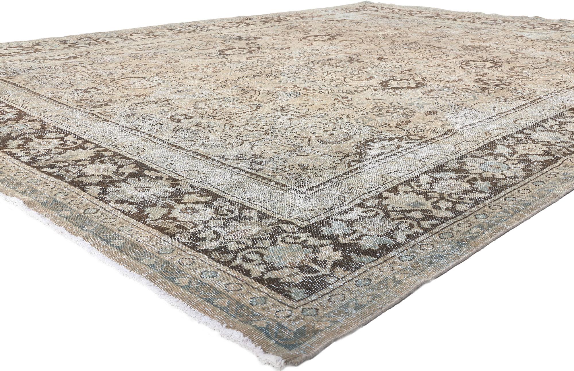 61278 Distressed Antique-Worn Persian Mahal Rug, 09'04 x 12'06.
Rustic and refined meets laid-back luxury in this hand knotted wool distressed antique Persian Mahal rug. The faded Herati design combined with  neutral, muted colors yields a unique