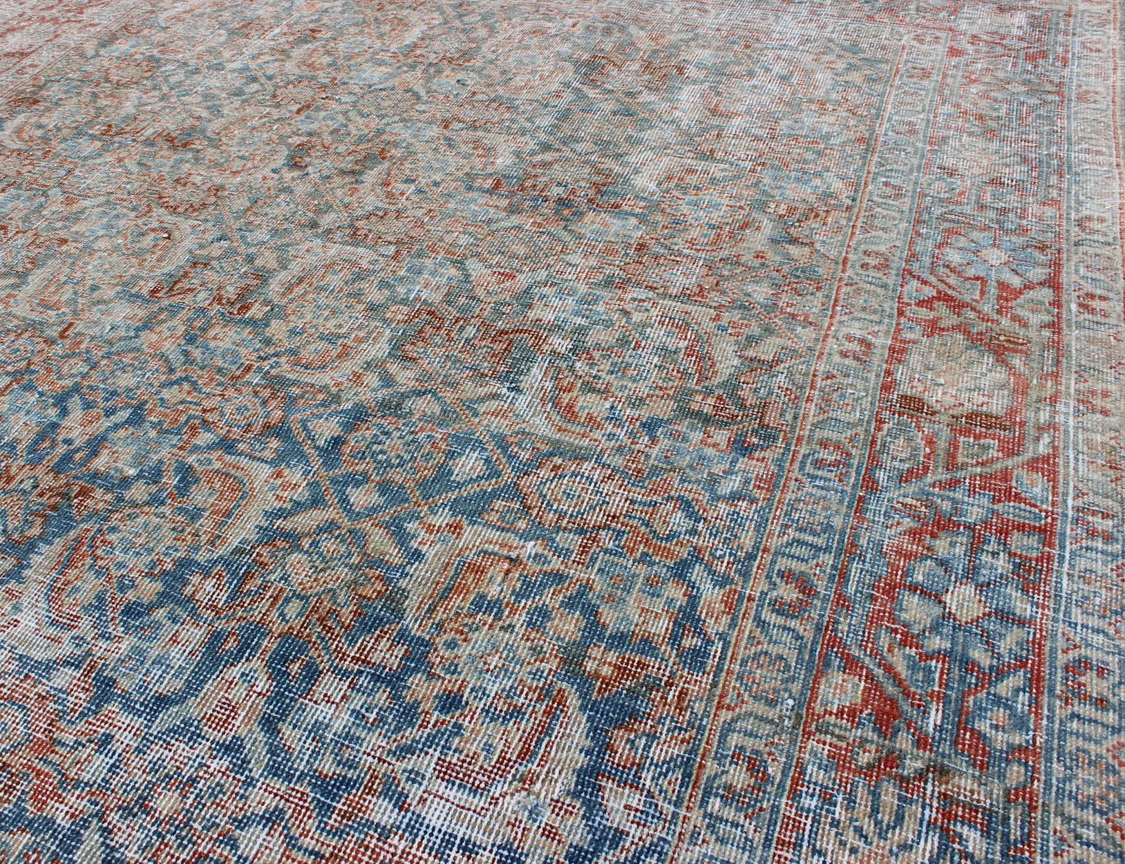 Antique Persian Mahal Rug with All-Over Flower Design in Blue with Red and Ivory For Sale 3