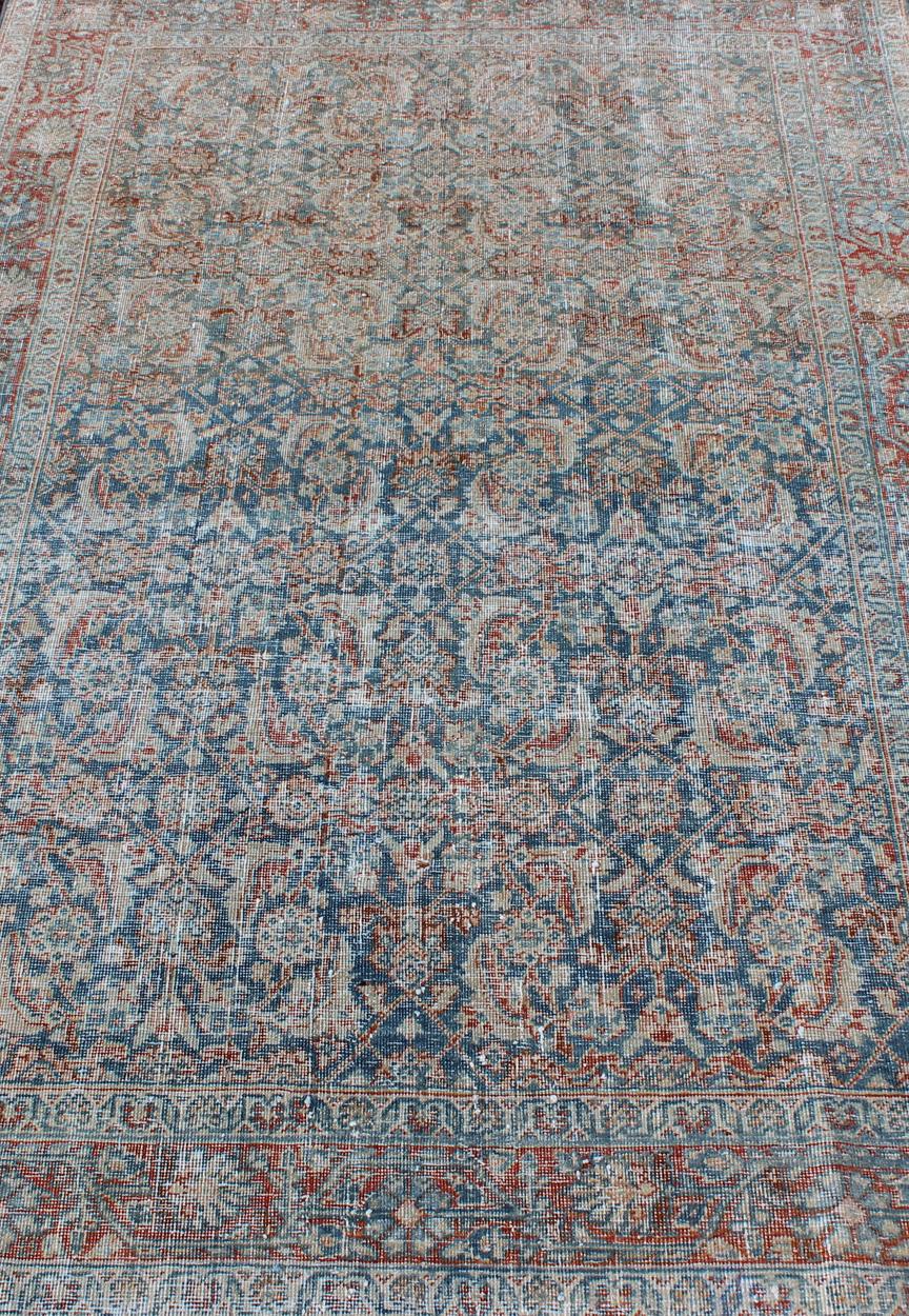 Antique Persian Mahal Rug with All-Over Flower Design in Blue with Red and Ivory For Sale 4