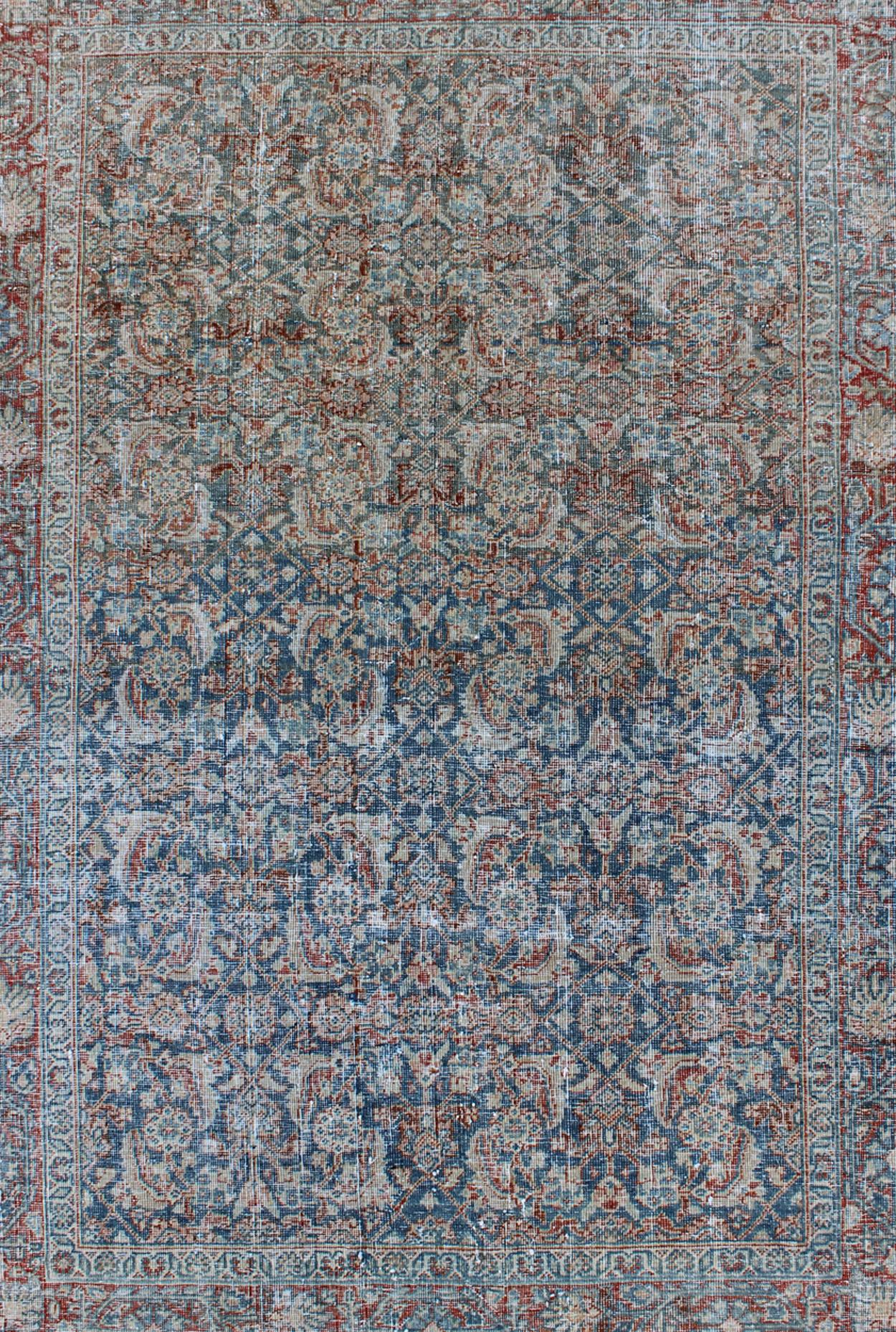 Tribal Antique Persian Mahal Rug with All-Over Flower Design in Blue with Red and Ivory For Sale