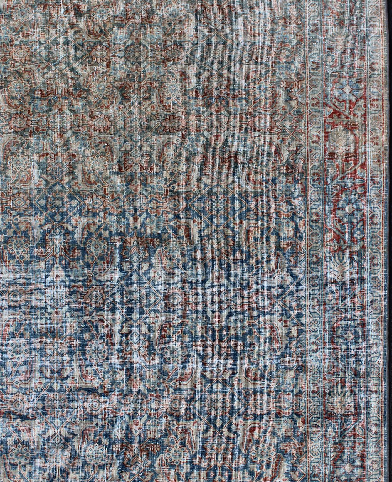 Hand-Knotted Antique Persian Mahal Rug with All-Over Flower Design in Blue with Red and Ivory For Sale
