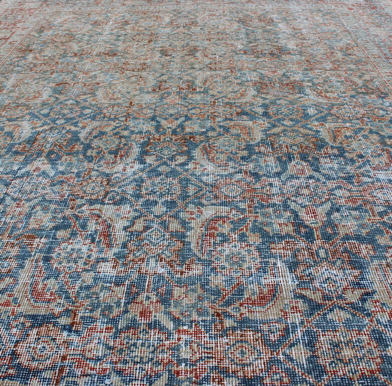 Early 20th Century Antique Persian Mahal Rug with All-Over Flower Design in Blue with Red and Ivory For Sale