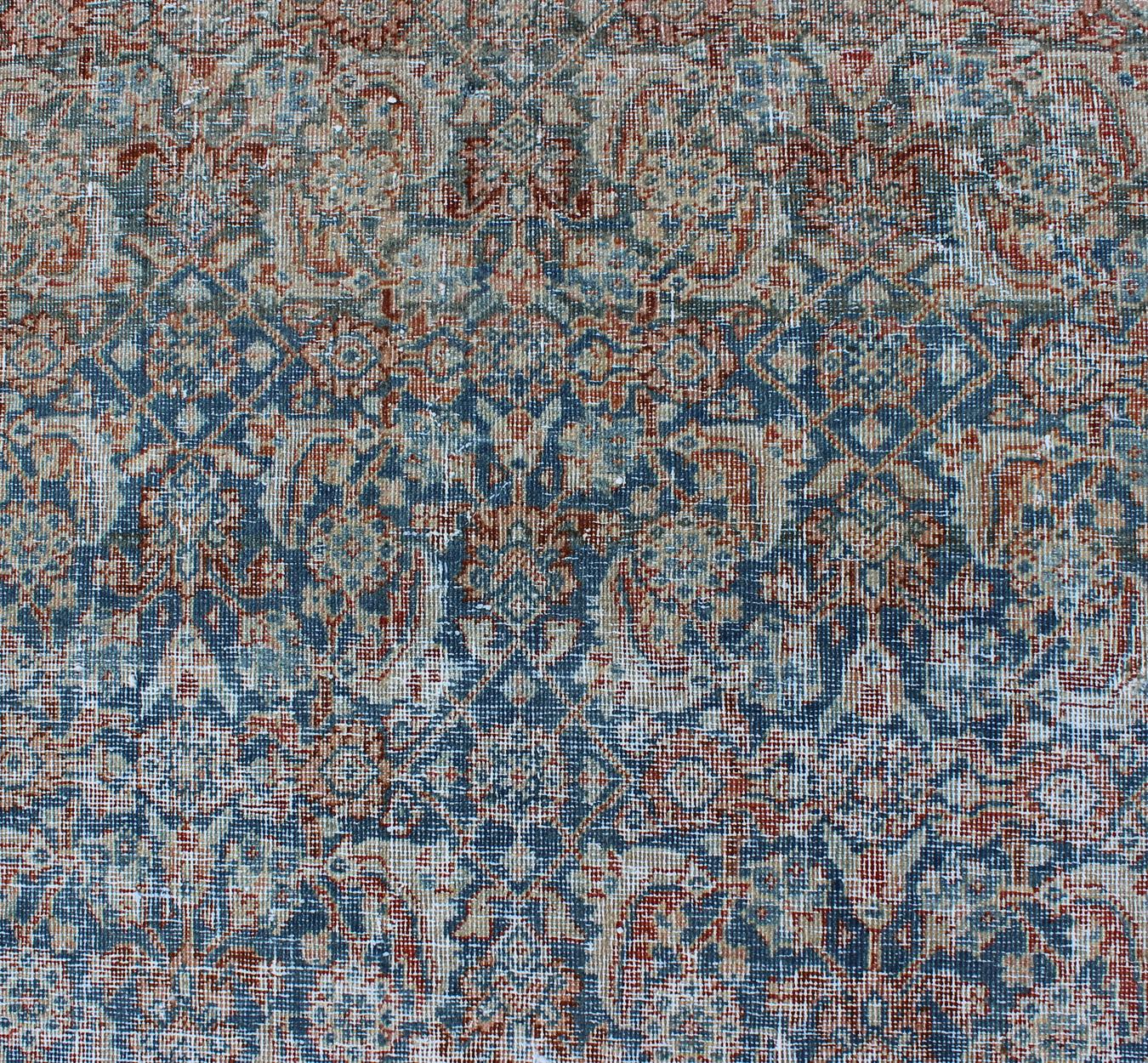 Wool Antique Persian Mahal Rug with All-Over Flower Design in Blue with Red and Ivory For Sale