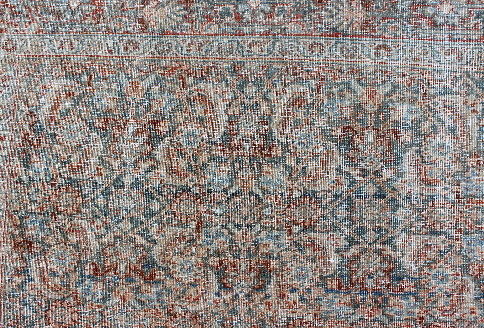 Antique Persian Mahal Rug with All-Over Flower Design in Blue with Red and Ivory For Sale 1