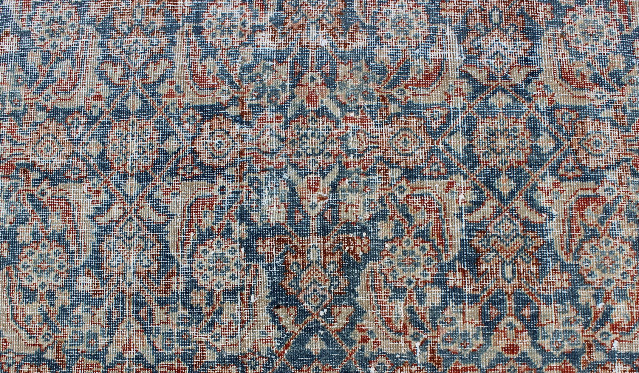 Antique Persian Mahal Rug with All-Over Flower Design in Blue with Red and Ivory For Sale 2