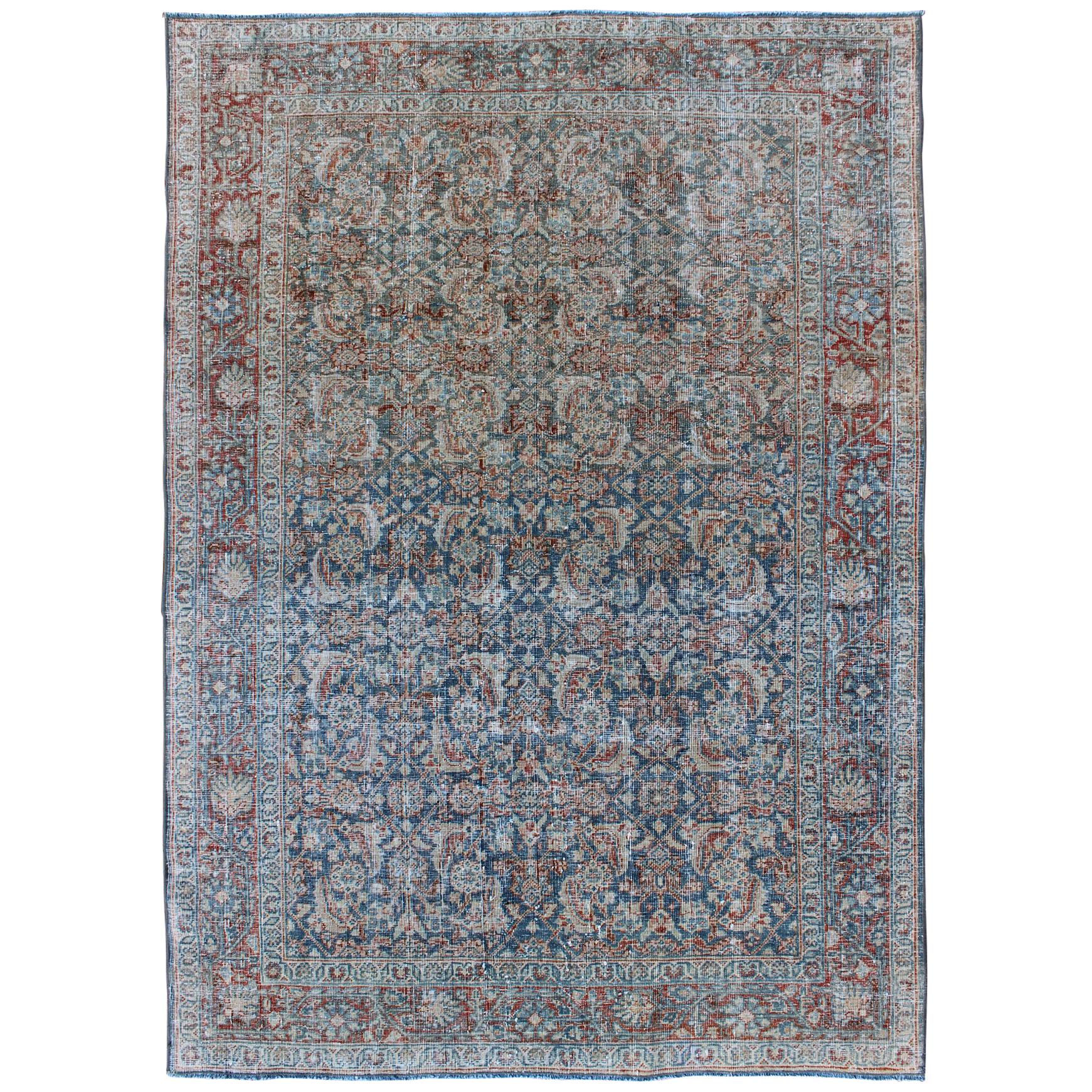 Antique Persian Mahal Rug with All-Over Flower Design in Blue with Red and Ivory For Sale
