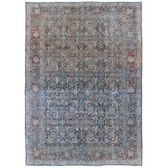 Antiker persischer Mahal-Teppich mit Blumenmuster in Blau mit Rot und Elfenbein