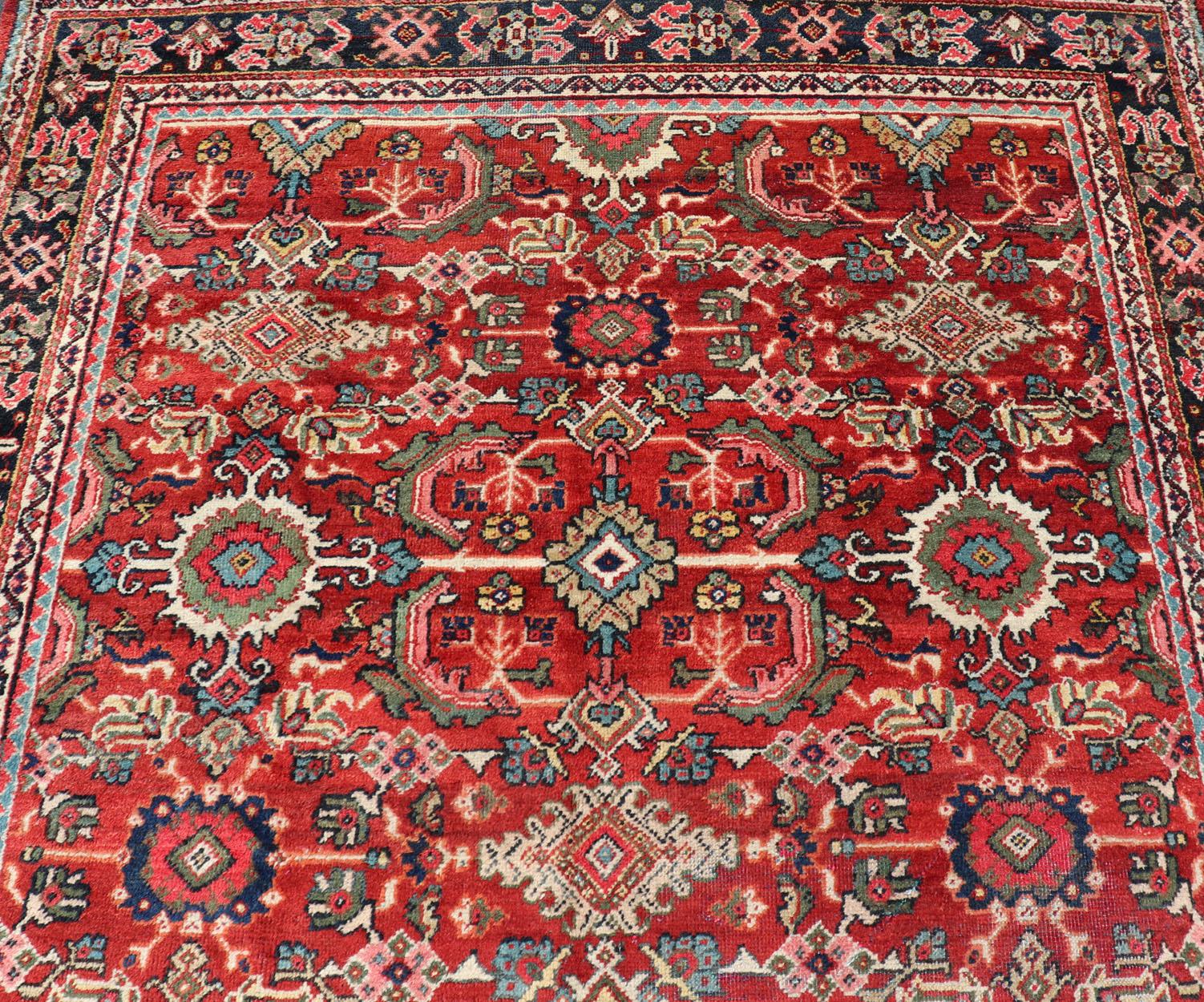 Hand-Knotted Antique Persian Mahal Rug with All-Over Sub-Geometric Design in Red Background For Sale