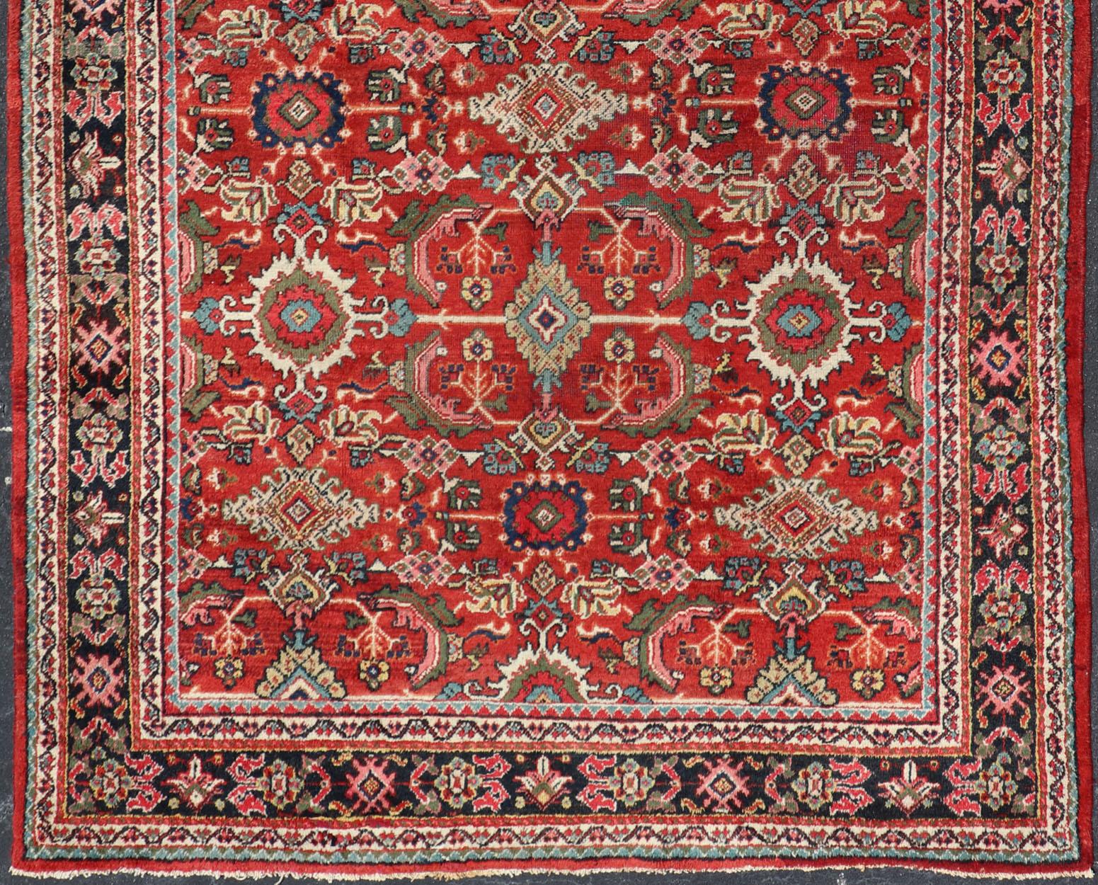 Wool Antique Persian Mahal Rug with All-Over Sub-Geometric Design in Red Background For Sale