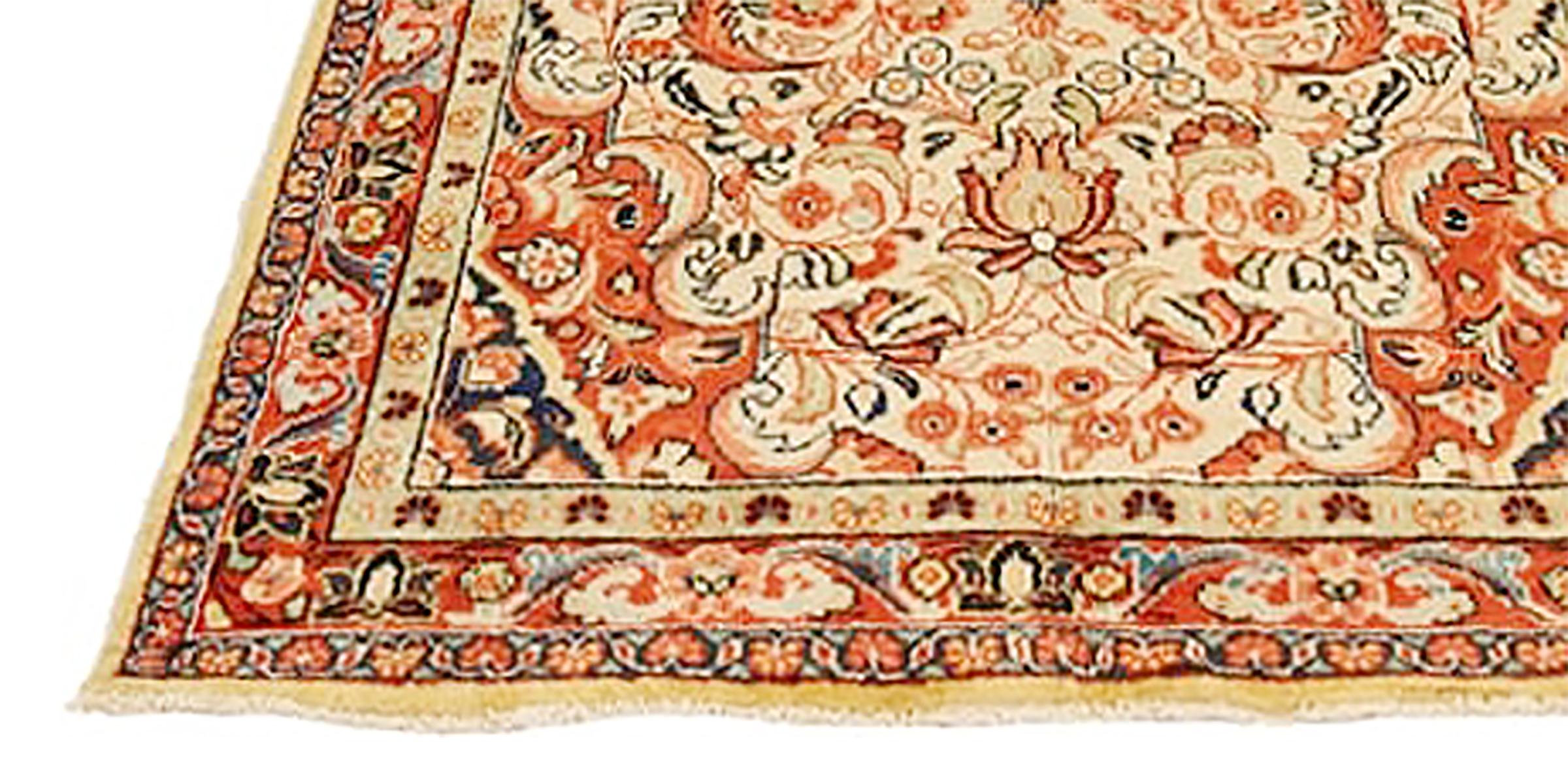 Hand-Woven Antique Persian Mahal Rug with Beige and Black Floral Details on Ivory Field For Sale
