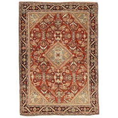 Antique Persian Mahal Rug with Beige and Gray Floral Details on Red Field