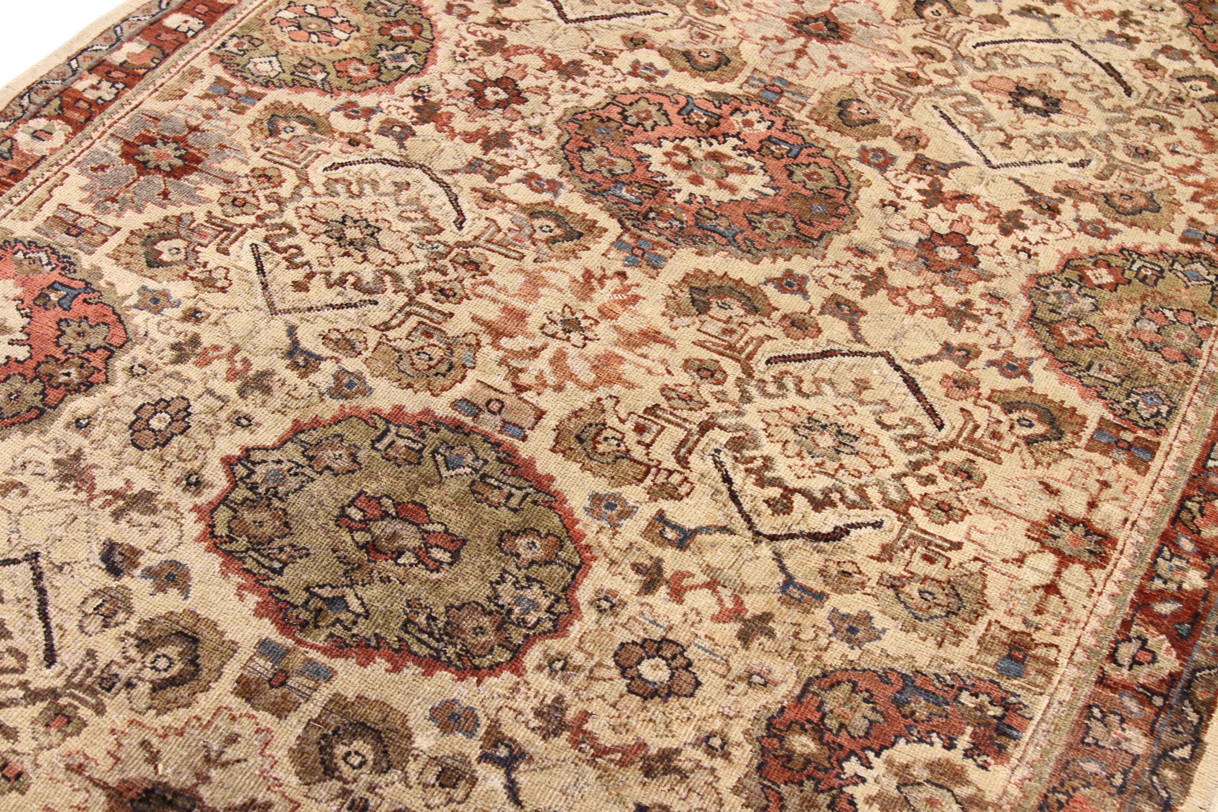 Islamic Antique Persian Mahal Rug with Beige and Rust Floral Details on Ivory Field For Sale