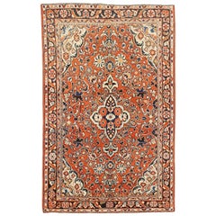 Vintage Persian Mahal Rug with Blue and White Floral Details on Rust Field