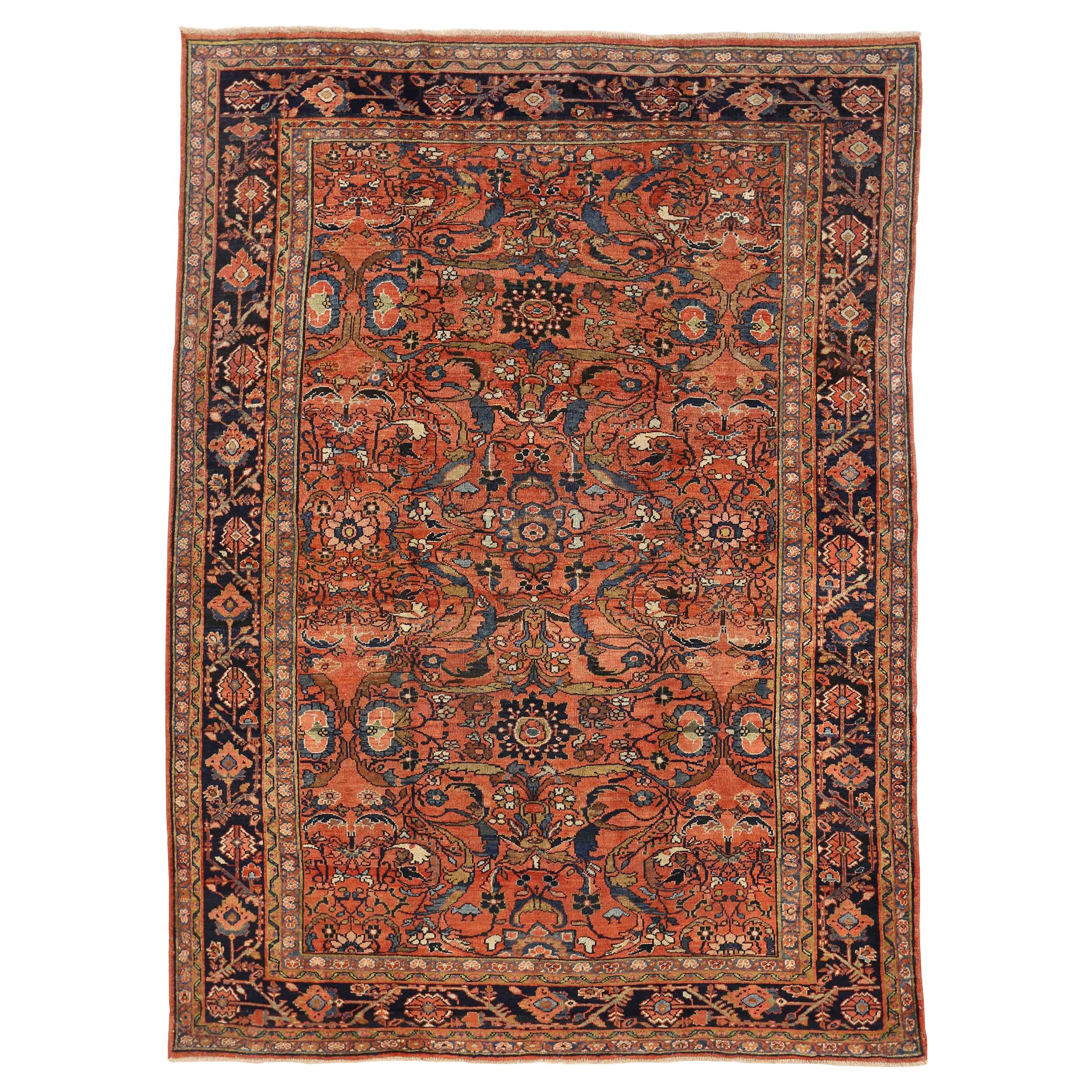 Antique Persian Mahal Rug with Blue & Green Floral Motif on Red Center Field For Sale