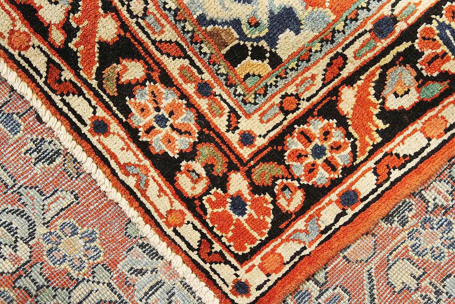 Other Antique Persian Mahal Rug with Blue and White Floral Details on Rust Field For Sale
