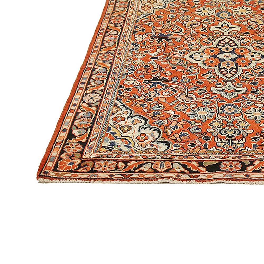 Hand-Woven Antique Persian Mahal Rug with Blue and White Floral Details on Rust Field For Sale