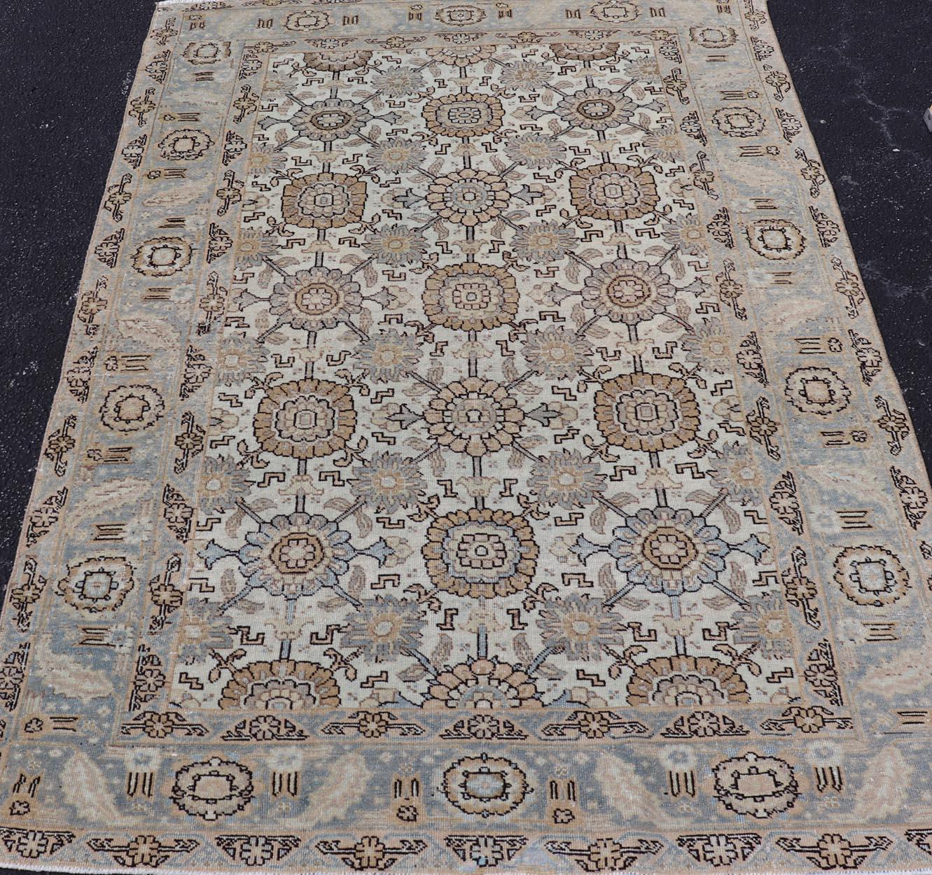Antiker persischer Mahal-Teppich mit floralen Medaillons und geometrischen Bordüren, 4'2