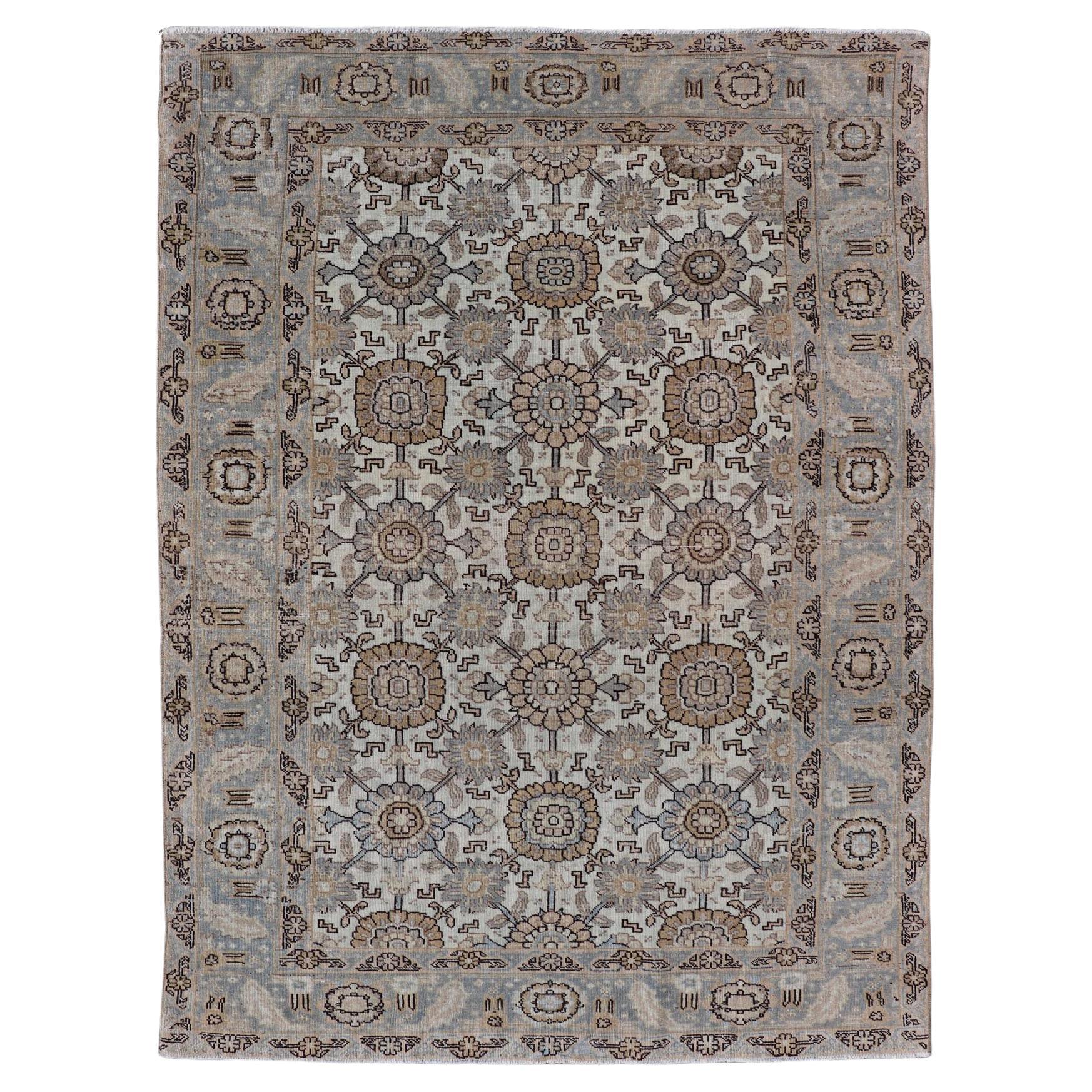 Antique Persian Mahal Rug With Floral Medallions and Geometric Borders 4'2"X6'2"