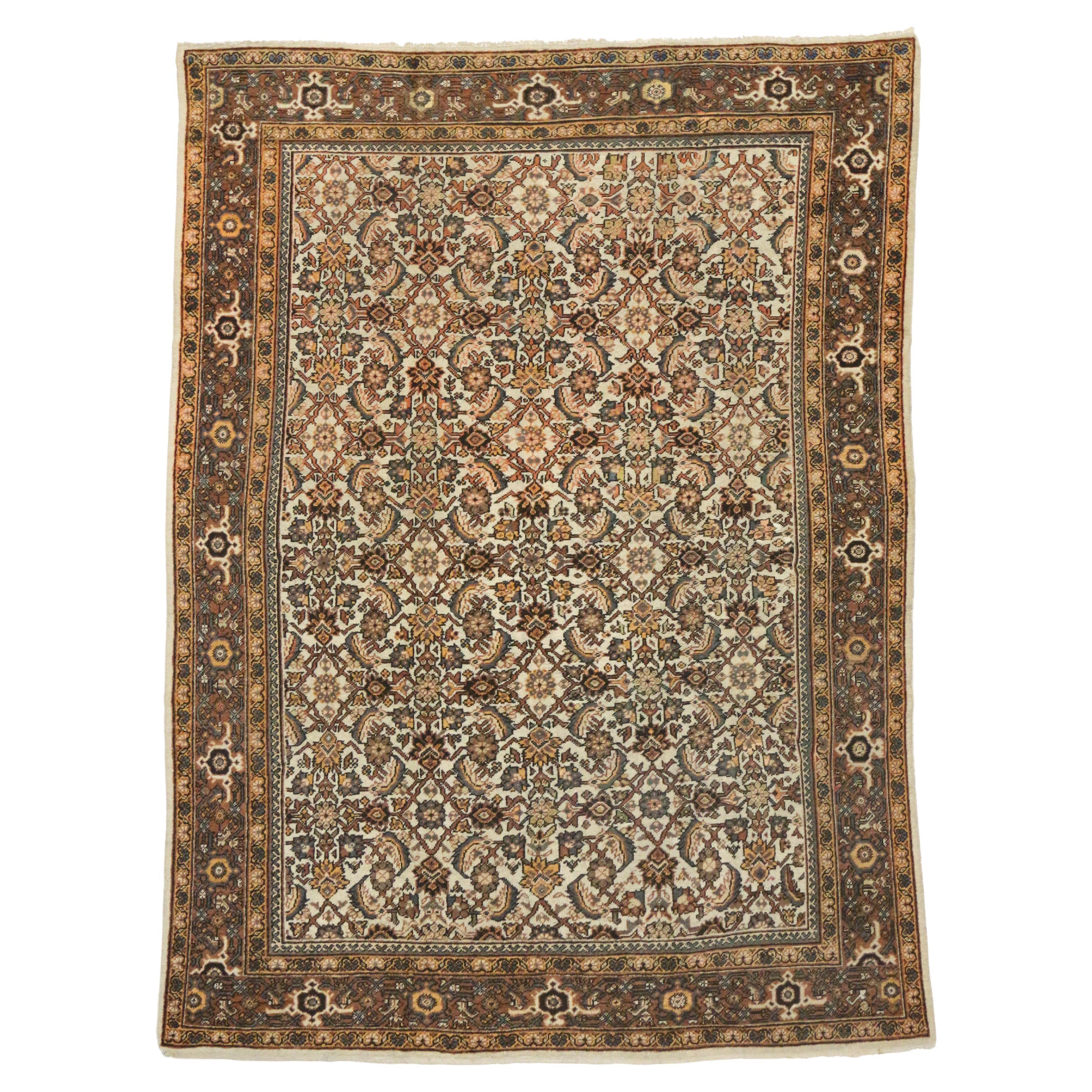 Antique Persian Mahal Rug with Herati Pattern and Rustic Arts & Crafts Style For Sale