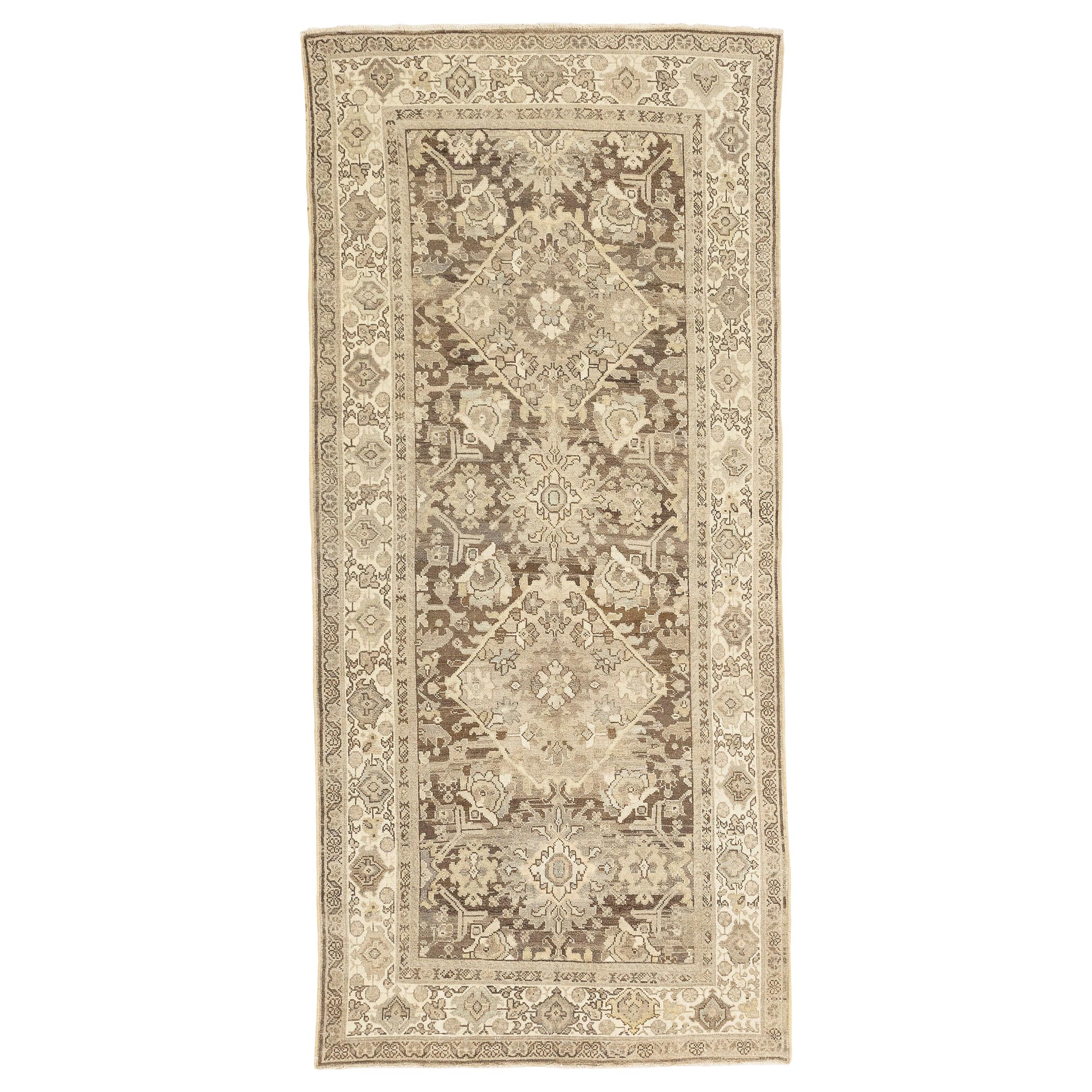 Antique Persian Mahal Rug with Ivory and Brown Botanical Patterns For Sale